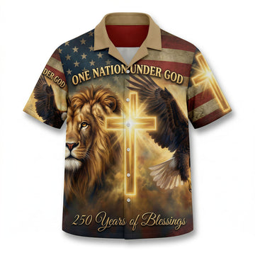Main front view of a premium patriotic Hawaiian Aloha shirt featuring a lion, bald eagle, and glowing cross for the USA 250th anniversary by TKSGift.