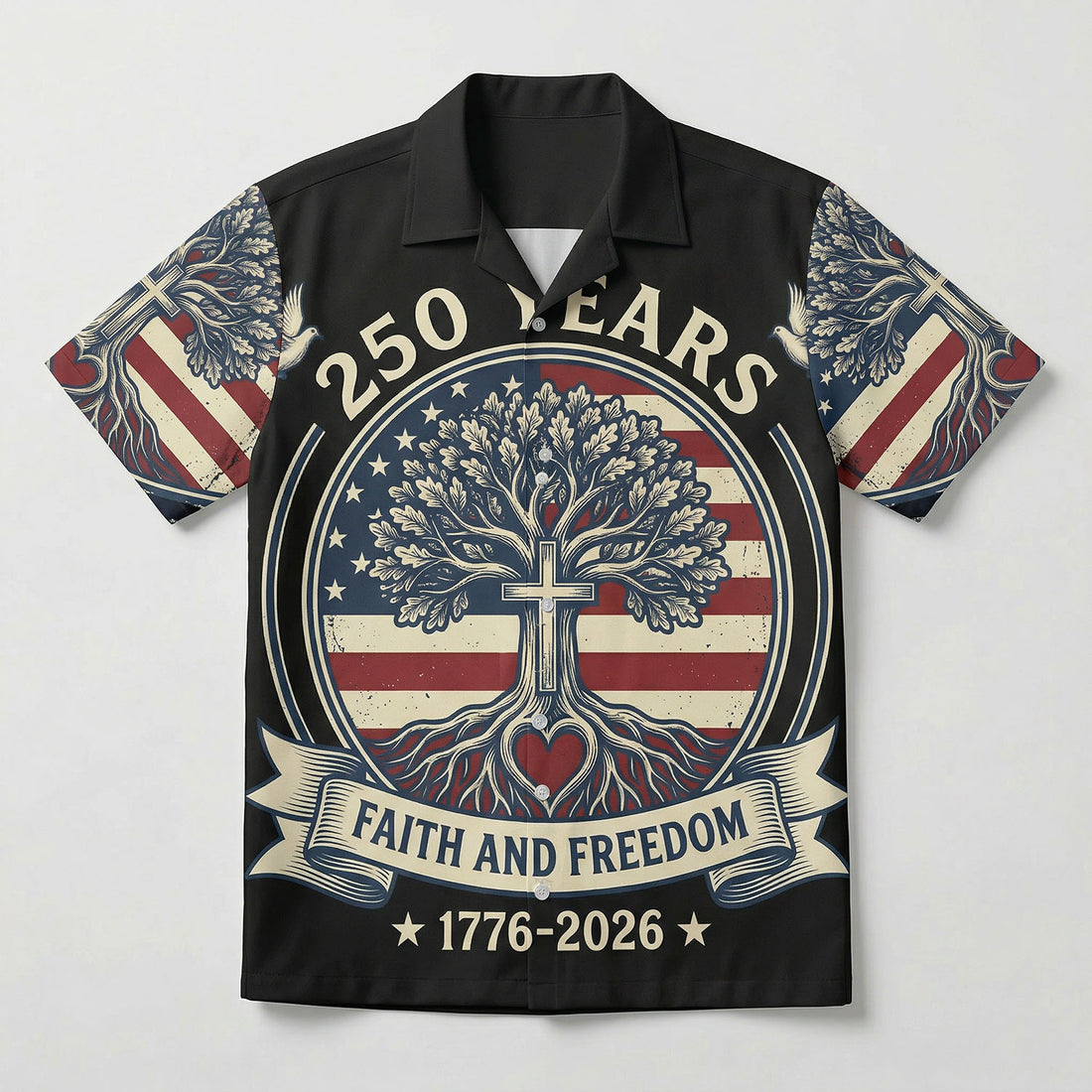 Main front view of a black patriotic Hawaiian Aloha shirt featuring a Christian cross tree of life for USA 250th anniversary by TKSGift.