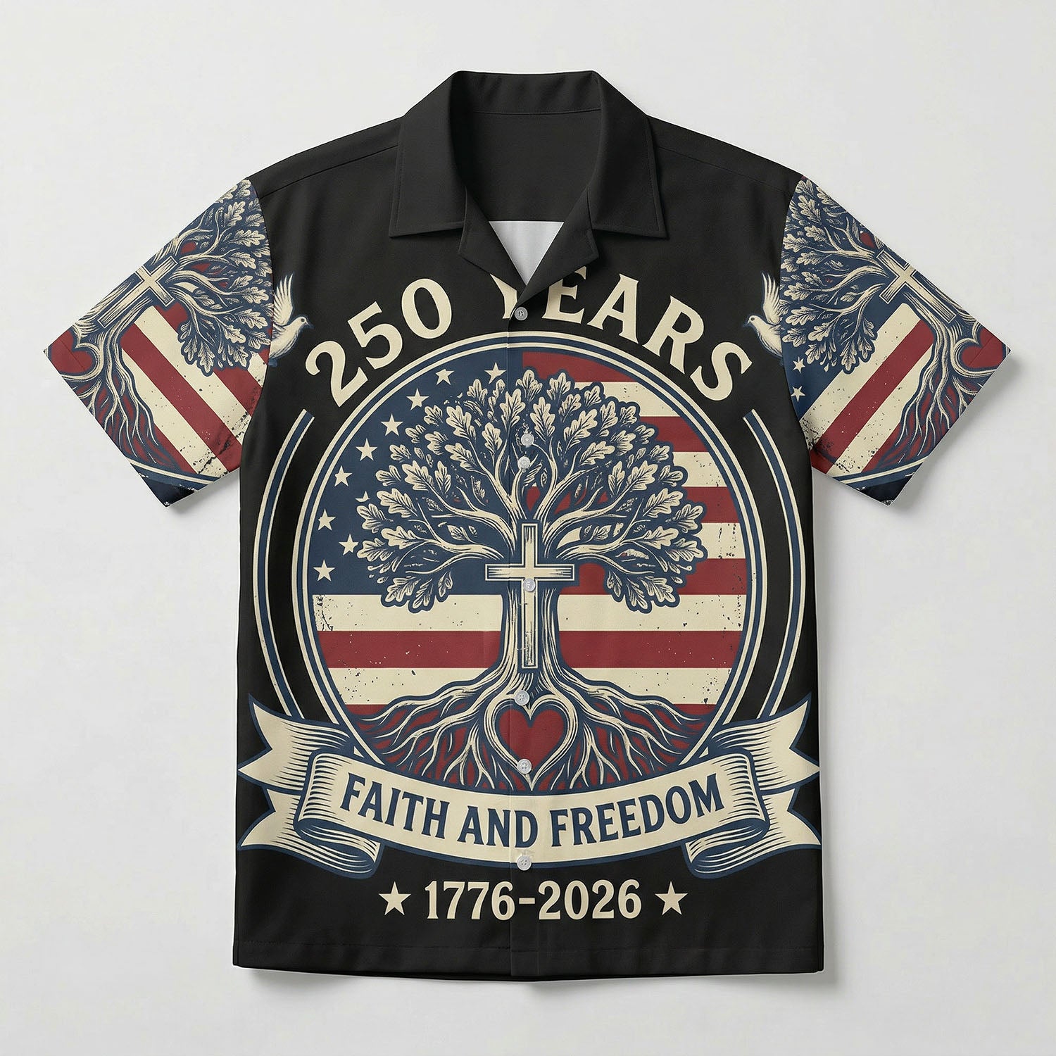 Main front view of a black patriotic Hawaiian Aloha shirt featuring a Christian cross tree of life for USA 250th anniversary by TKSGift.