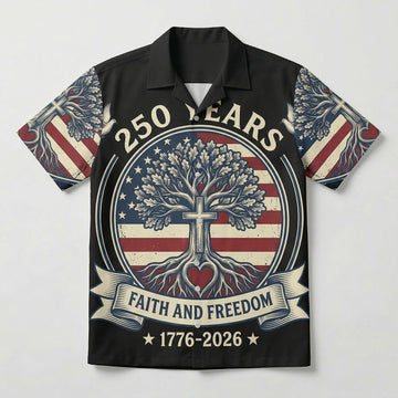 Main front view of a black patriotic Hawaiian Aloha shirt featuring a Christian cross tree of life for USA 250th anniversary by TKSGift.