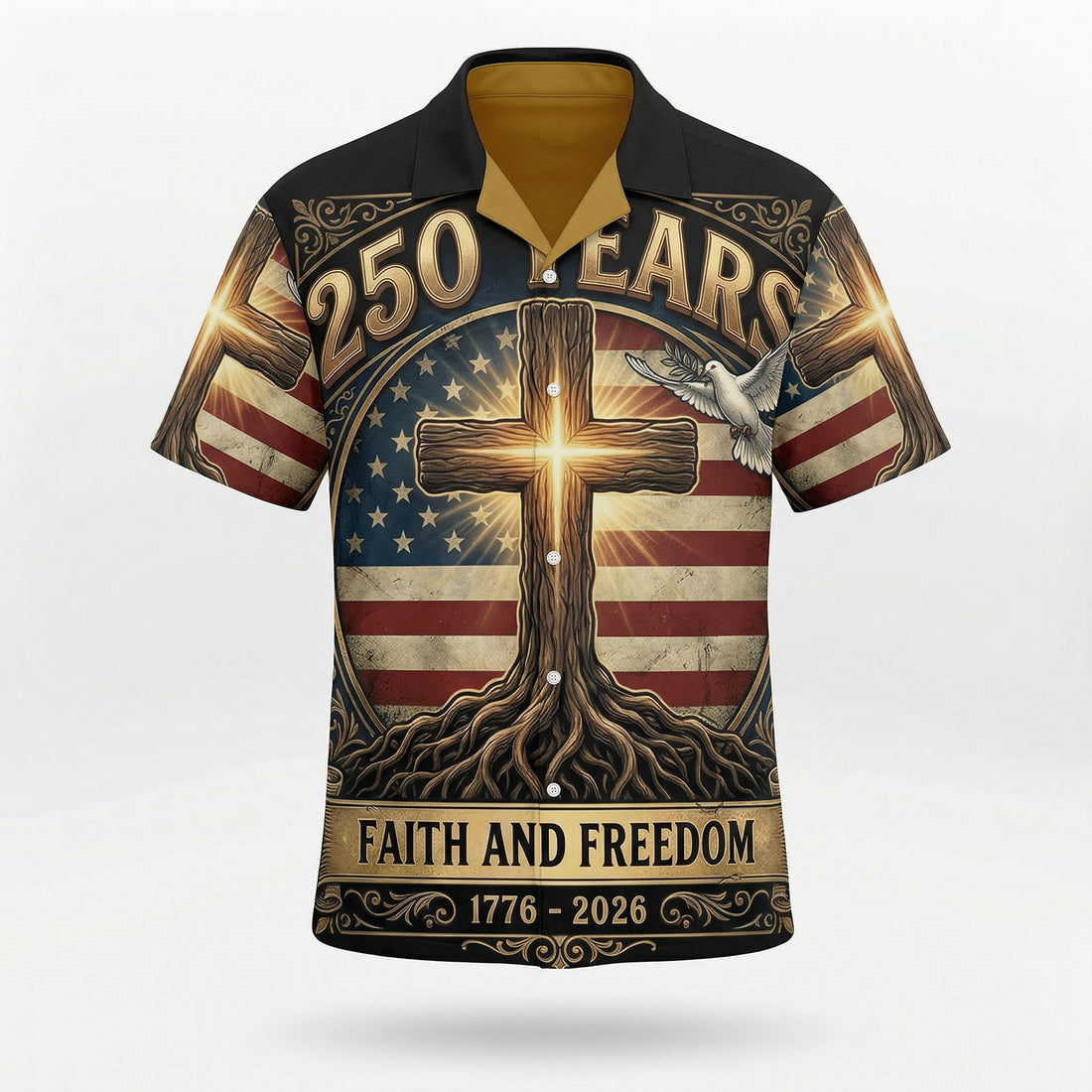 Main front view of a black patriotic Hawaiian Aloha shirt featuring a glowing Christian cross tree and peace dove for the USA 250th anniversary by TKSGift.