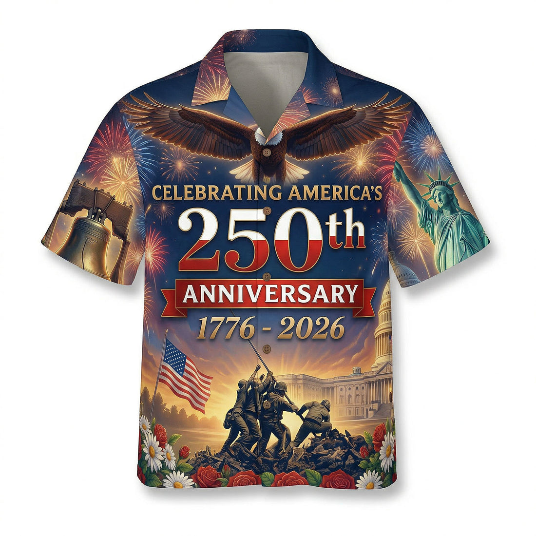 A vibrant black Hawaiian Aloha shirt featuring grand fireworks over the US Capitol and Iwo Jima Memorial for the 250th anniversary by TKSGift.