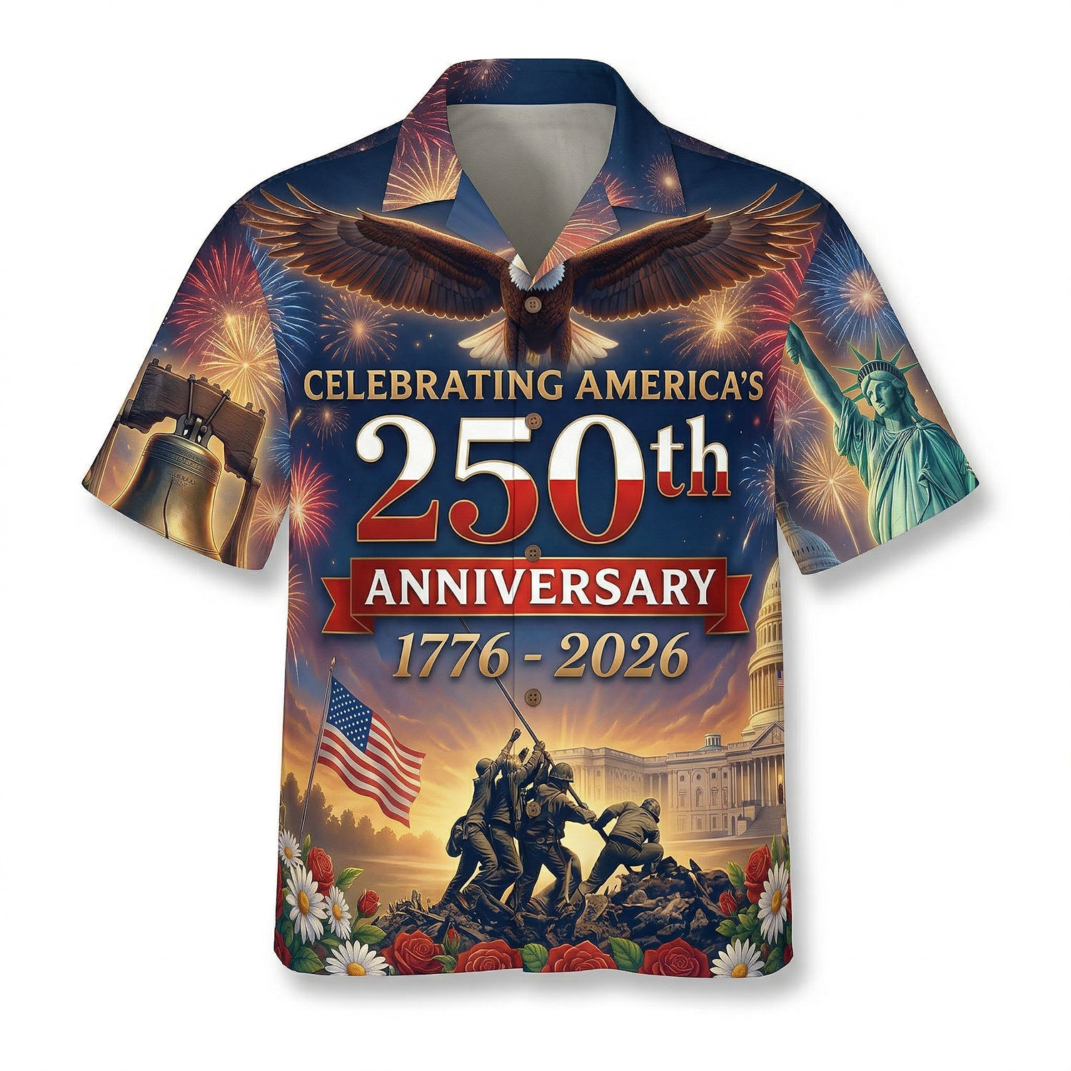 A vibrant black Hawaiian Aloha shirt featuring grand fireworks over the US Capitol and Iwo Jima Memorial for the 250th anniversary by TKSGift.