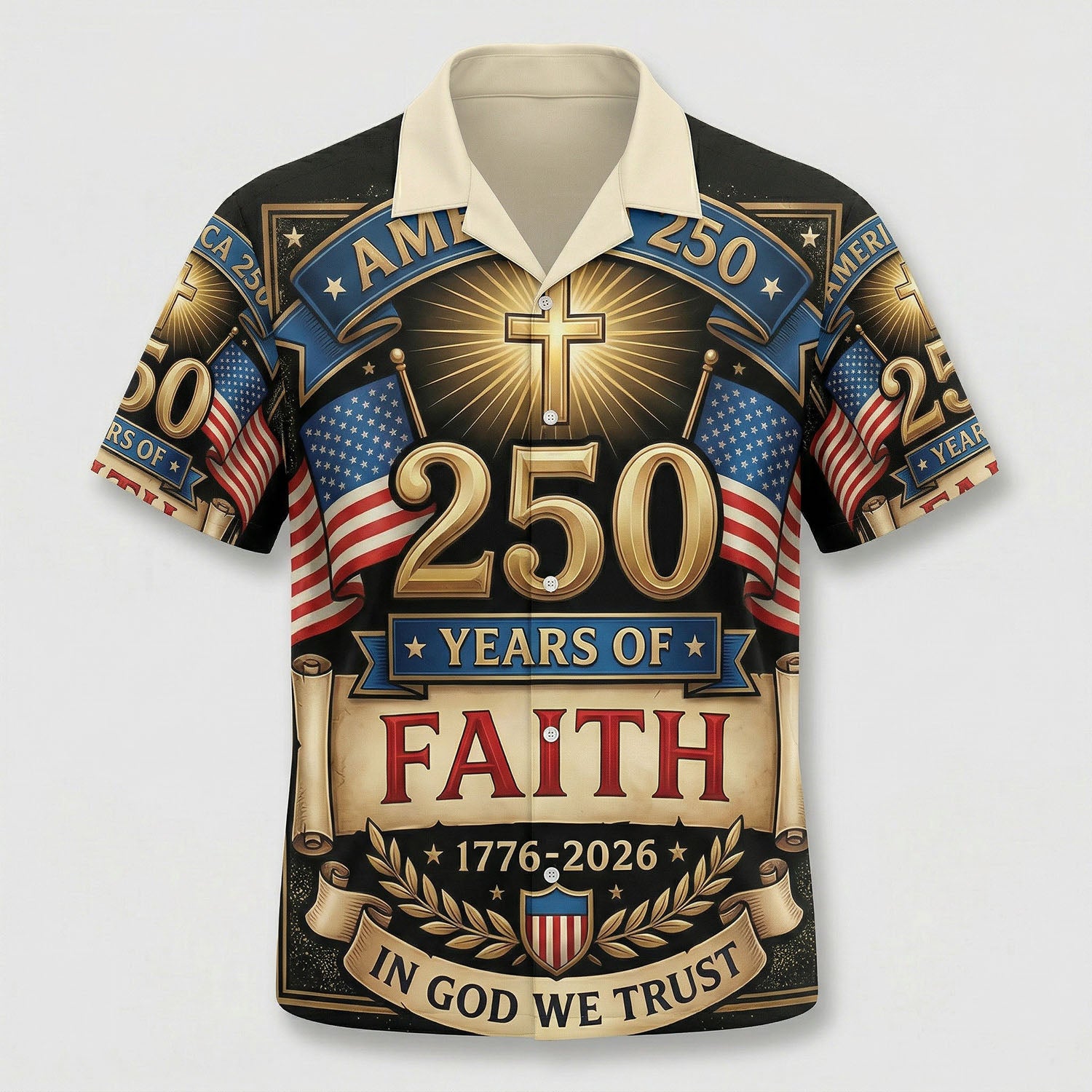Main front view of a vintage patriotic Hawaiian Aloha shirt featuring "One Nation Under God" and 1776-2026 freedom anniversary design by TKSGift.