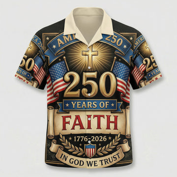 Main front view of a vintage patriotic Hawaiian Aloha shirt featuring "One Nation Under God" and 1776-2026 freedom anniversary design by TKSGift.