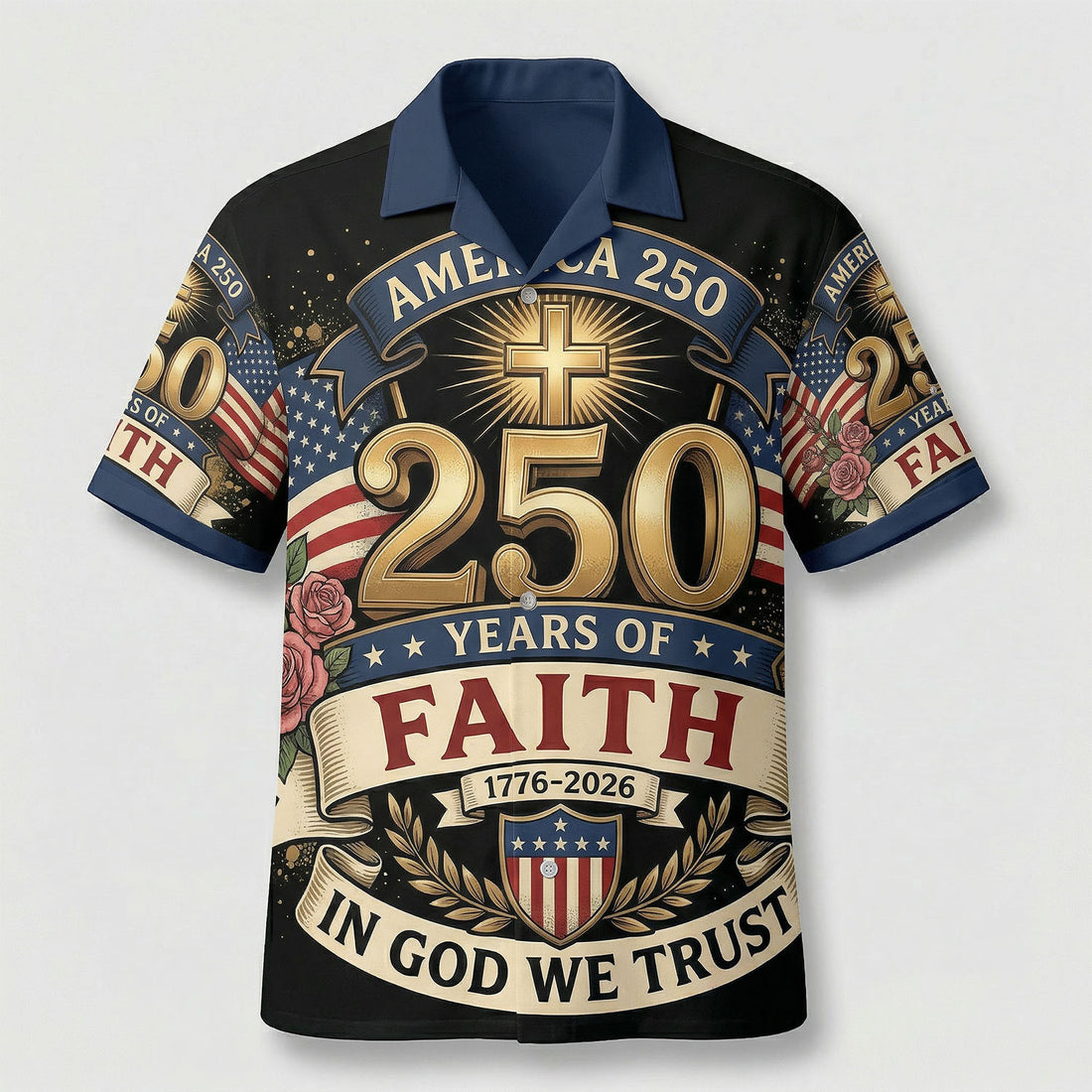 Main front view of a vintage patriotic Hawaiian Aloha shirt featuring "One Nation Under God" and 1776-2026 freedom anniversary heritage design by TKSGift.
