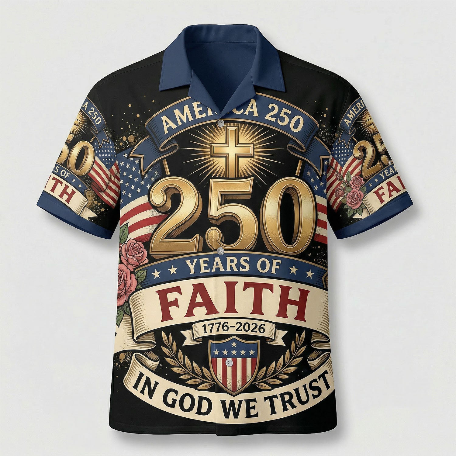 Main front view of a vintage patriotic Hawaiian Aloha shirt featuring "One Nation Under God" and 1776-2026 freedom anniversary heritage design by TKSGift.
