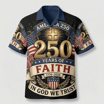 Main front view of a vintage patriotic Hawaiian Aloha shirt featuring "One Nation Under God" and 1776-2026 freedom anniversary heritage design by TKSGift.