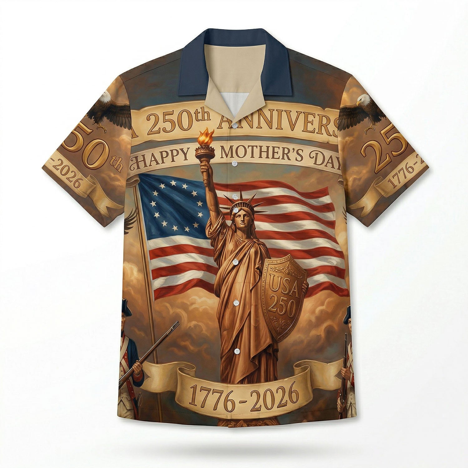 Main front view of a vintage patriotic Hawaiian Aloha shirt featuring "One Nation Under God" and 1776-2026 freedom anniversary heritage design by TKSGift.