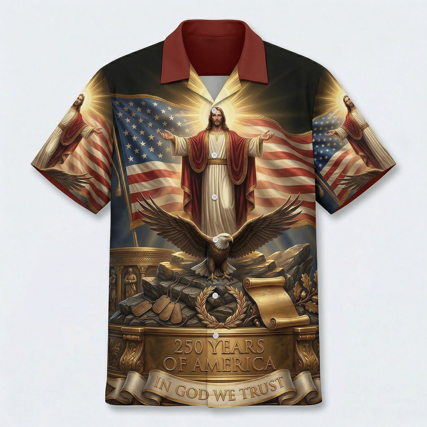 Main front view of a vintage patriotic Hawaiian Aloha shirt featuring "One Nation Under God" and 1776-2026 freedom anniversary heritage design by TKSGift.