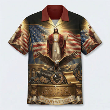 Main front view of a vintage patriotic Hawaiian Aloha shirt featuring "One Nation Under God" and 1776-2026 freedom anniversary heritage design by TKSGift.