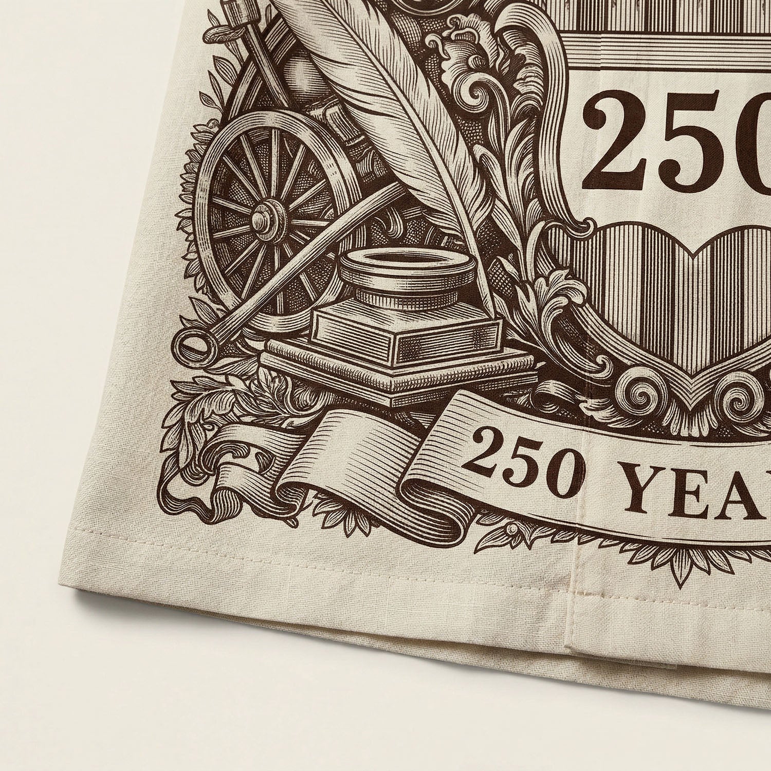 Multi-angle showcase of the 250 years anniversary shirt highlighting the intricate 3D script of the Constitution and the American flag.
