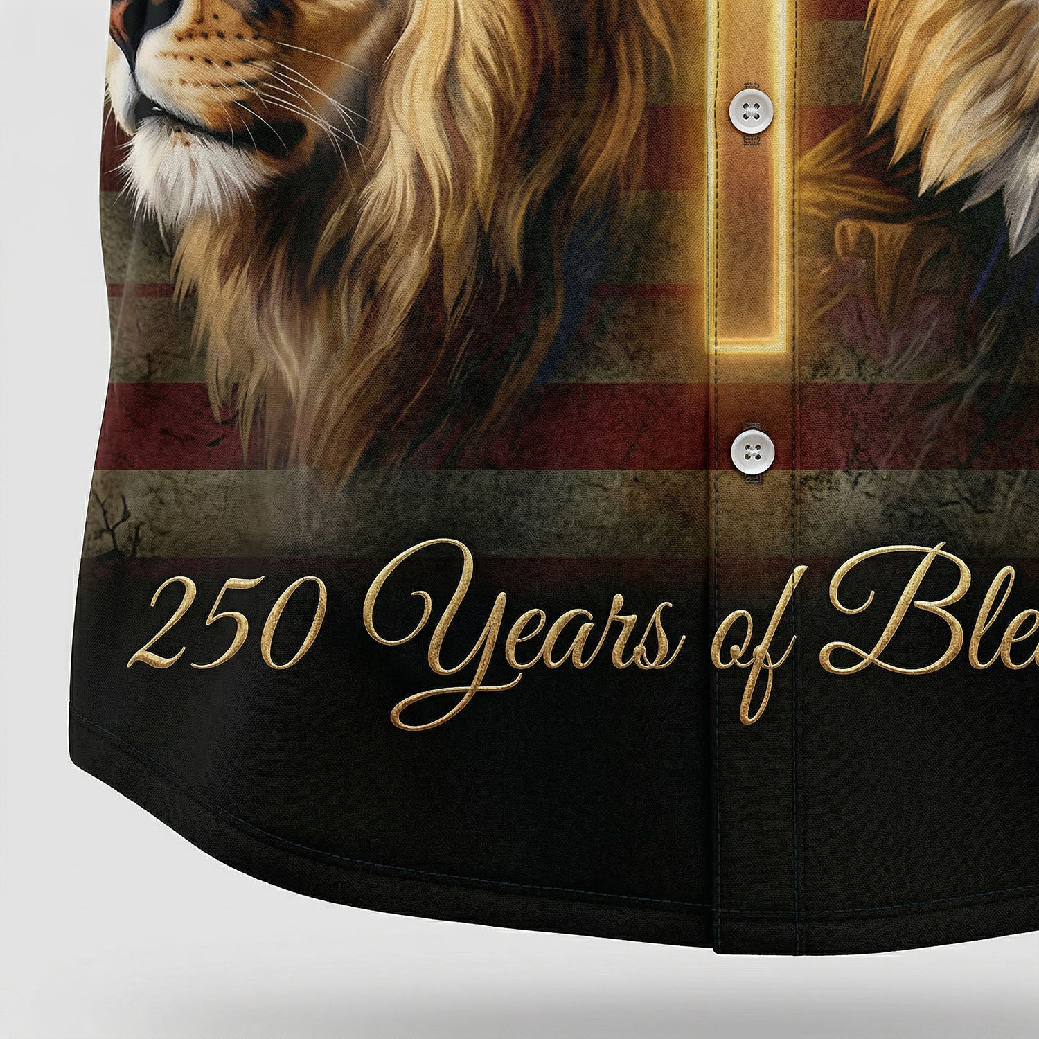 Extreme close-up of the breathable fabric and sharp 3D print quality of the "250 Years of Freedom" crest and the American flag stars.