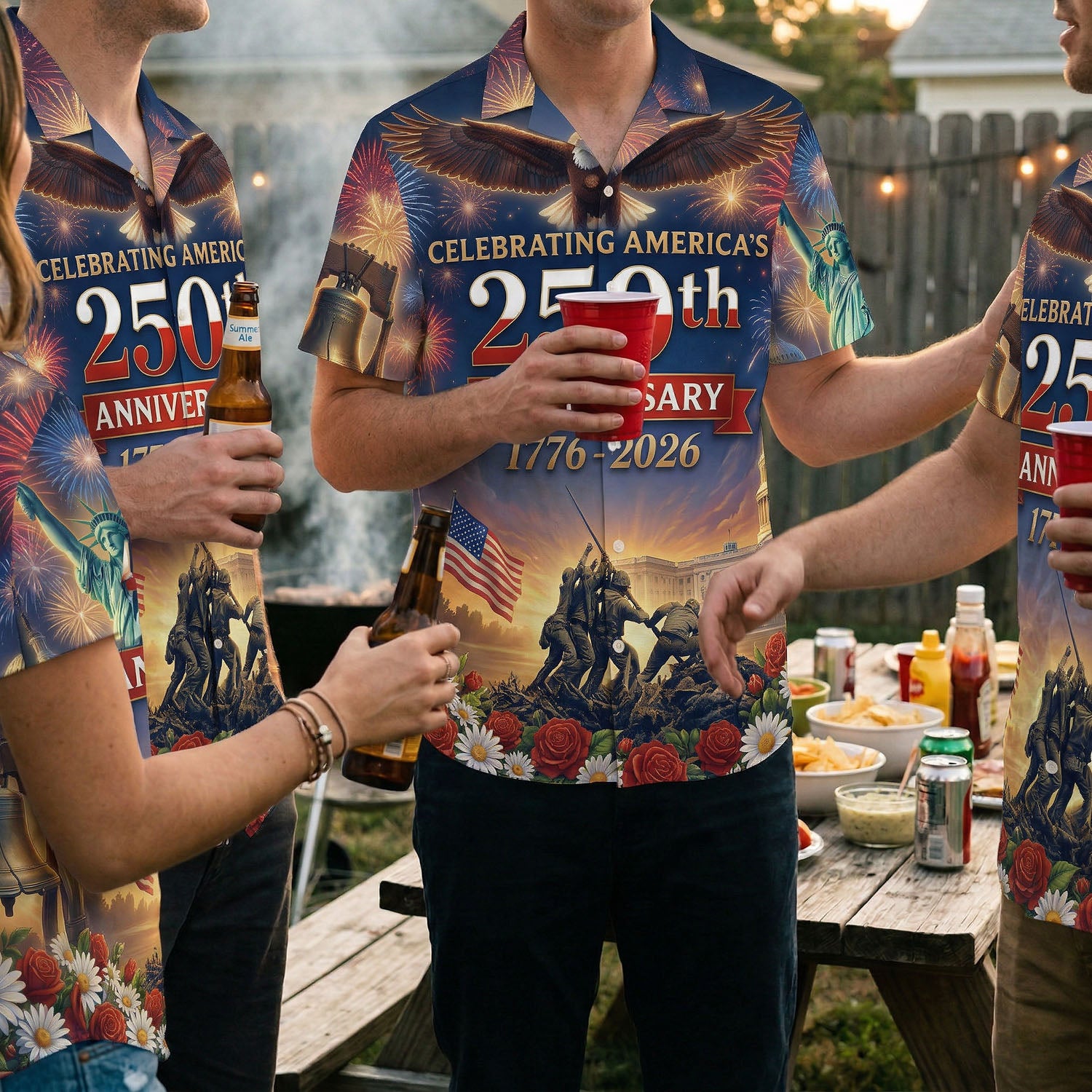 A group of friends celebrating together in matching 1776-2026 firework themed shirts, showcasing a unified patriotic spirit.