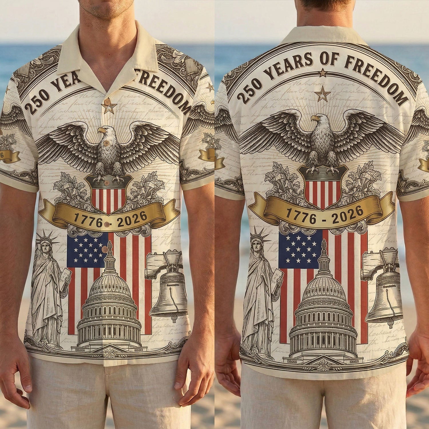Front and back view of a patriotic striped Hawaiian shirt featuring the 250th anniversary USA design with eagle and flag by TKS Gift