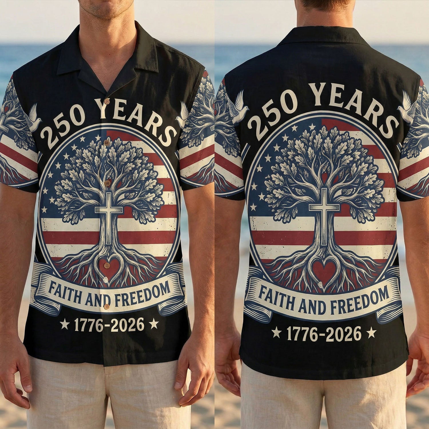 Full front and back display of the 1776-2026 Faith and Freedom patriotic Hawaiian shirt with Christian tree of life by TKSGift.
