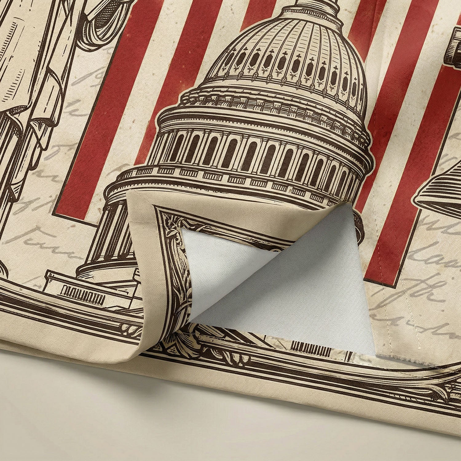 Macro close up showing the high quality 3D print of the US Capitol building and red stripes on the 250th anniversary heritage shirt