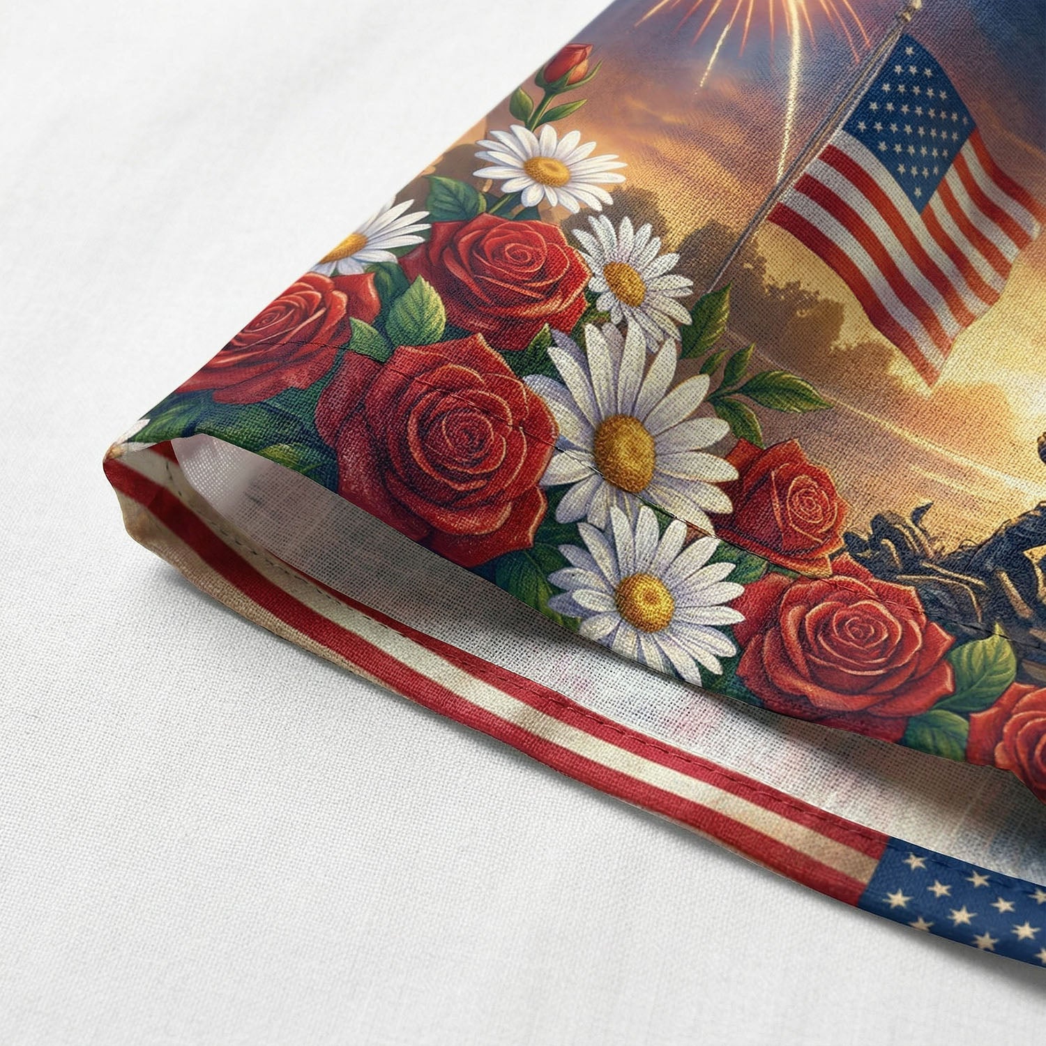 Macro shot of the breathable, quick-dry fabric and the vivid dye-sublimation colors of the American flag and Capitol dome.