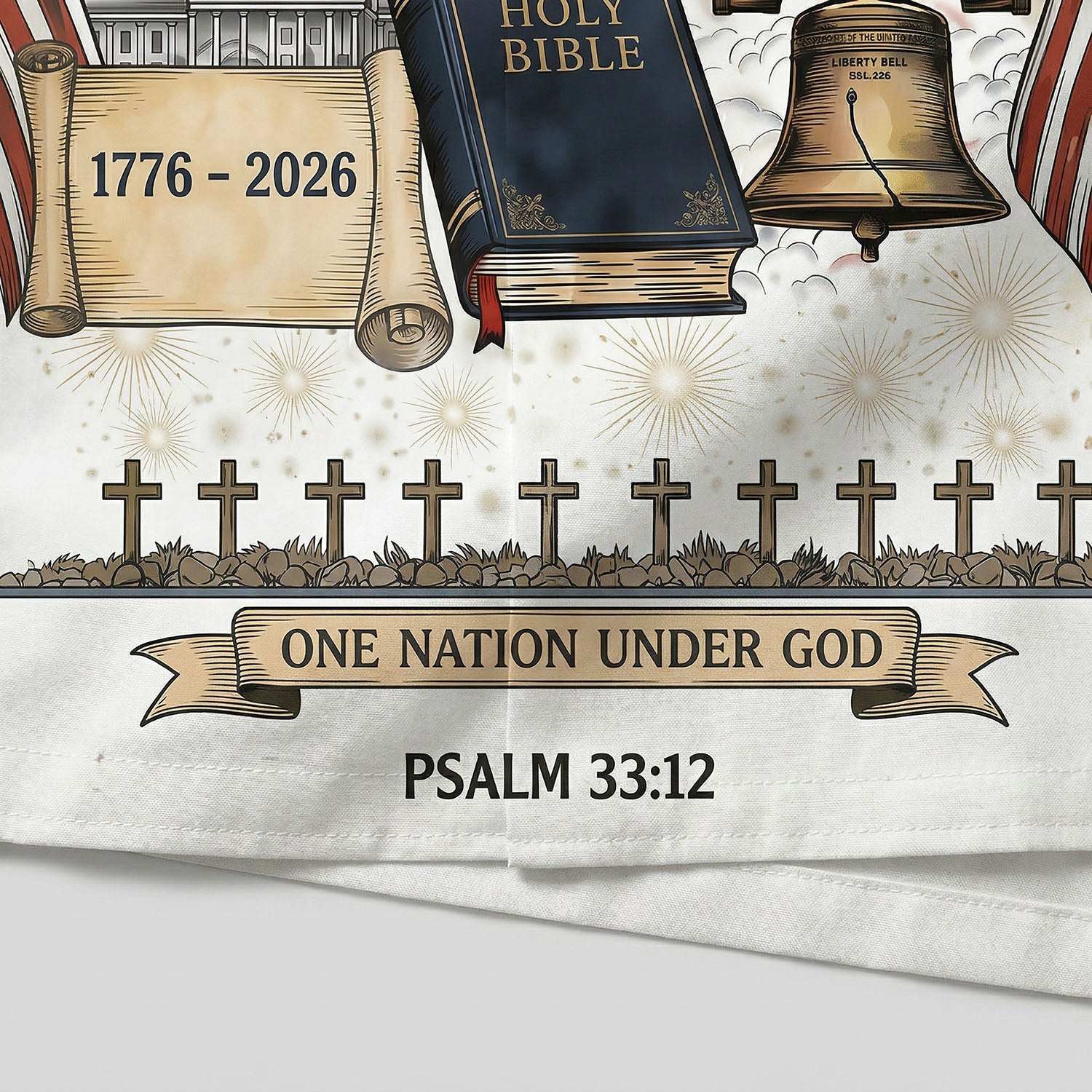 Macro close up of the high-quality 3D print showing the Holy Bible, Liberty Bell, and Psalm 33:12 verse on the aloha shirt fabric.