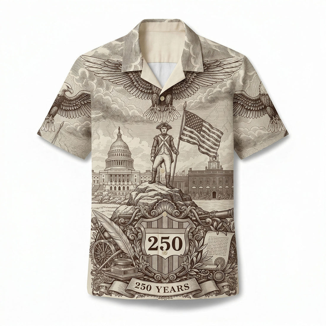 Main front view of a navy blue patriotic Hawaiian Aloha shirt featuring "We The People" Constitution and a bald eagle by TKSGift.