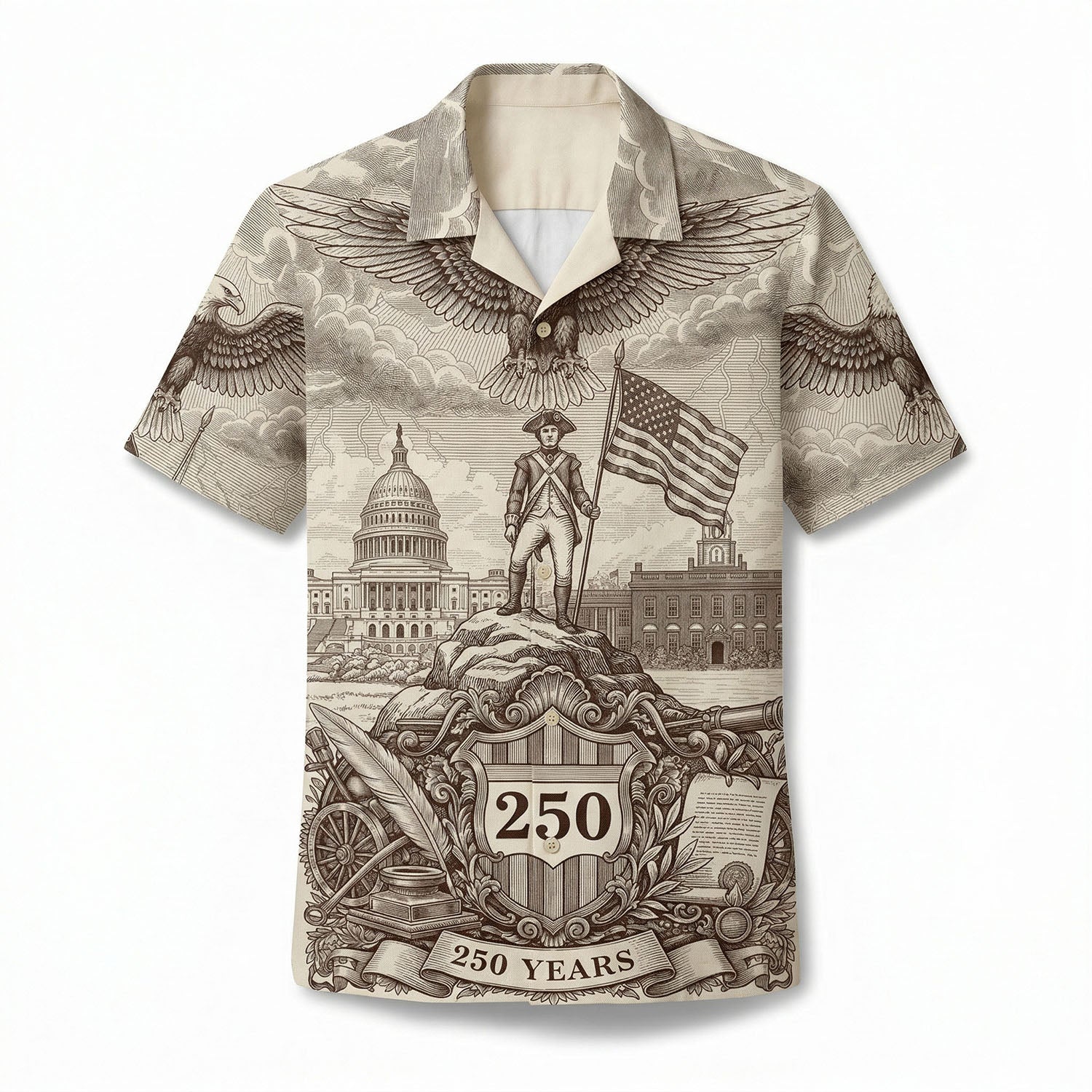 Main front view of a navy blue patriotic Hawaiian Aloha shirt featuring "We The People" Constitution and a bald eagle by TKSGift.