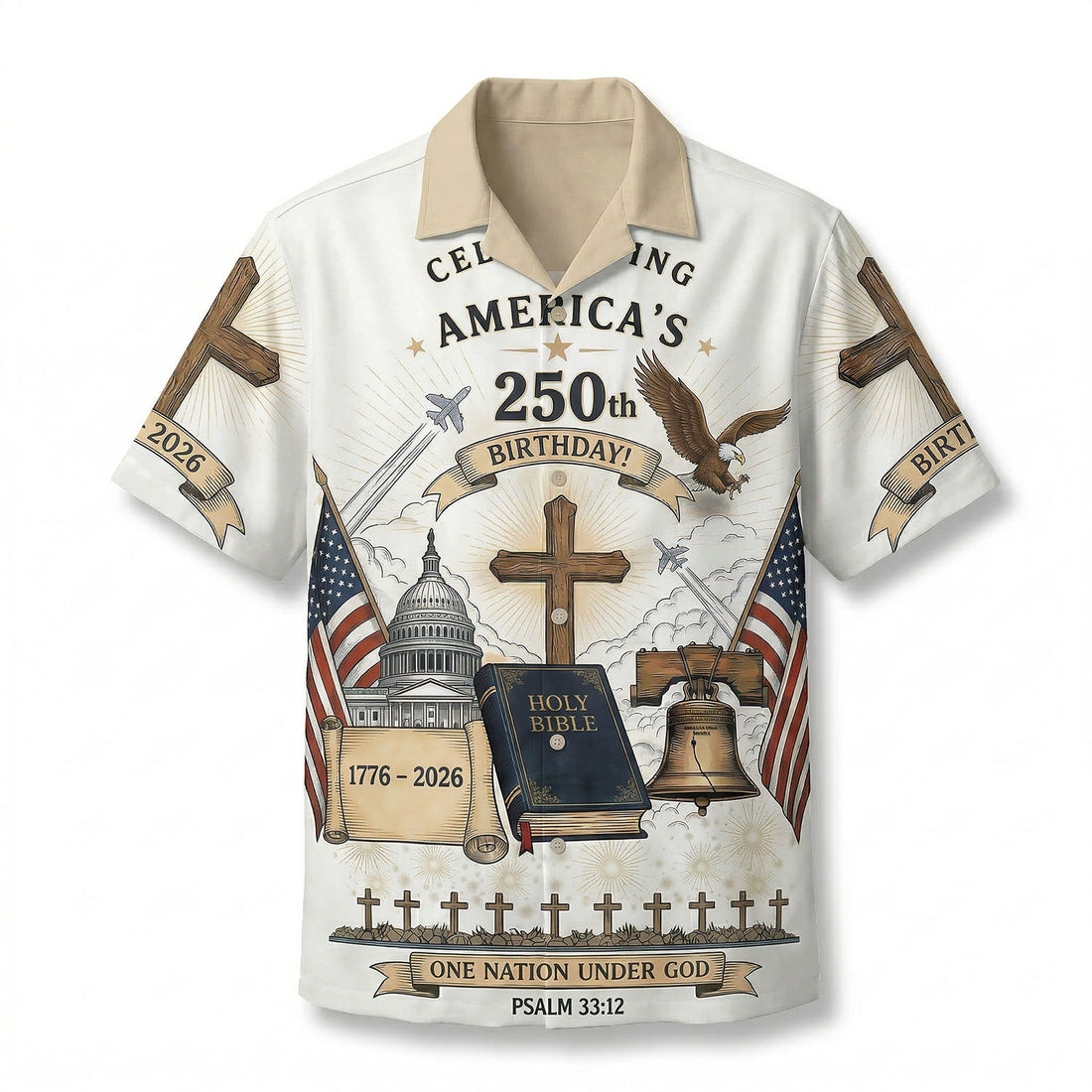 Main front view of a white Christian USA 250th anniversary hawaiian shirt with a clean background, ideal for patriotic apparel shopping.