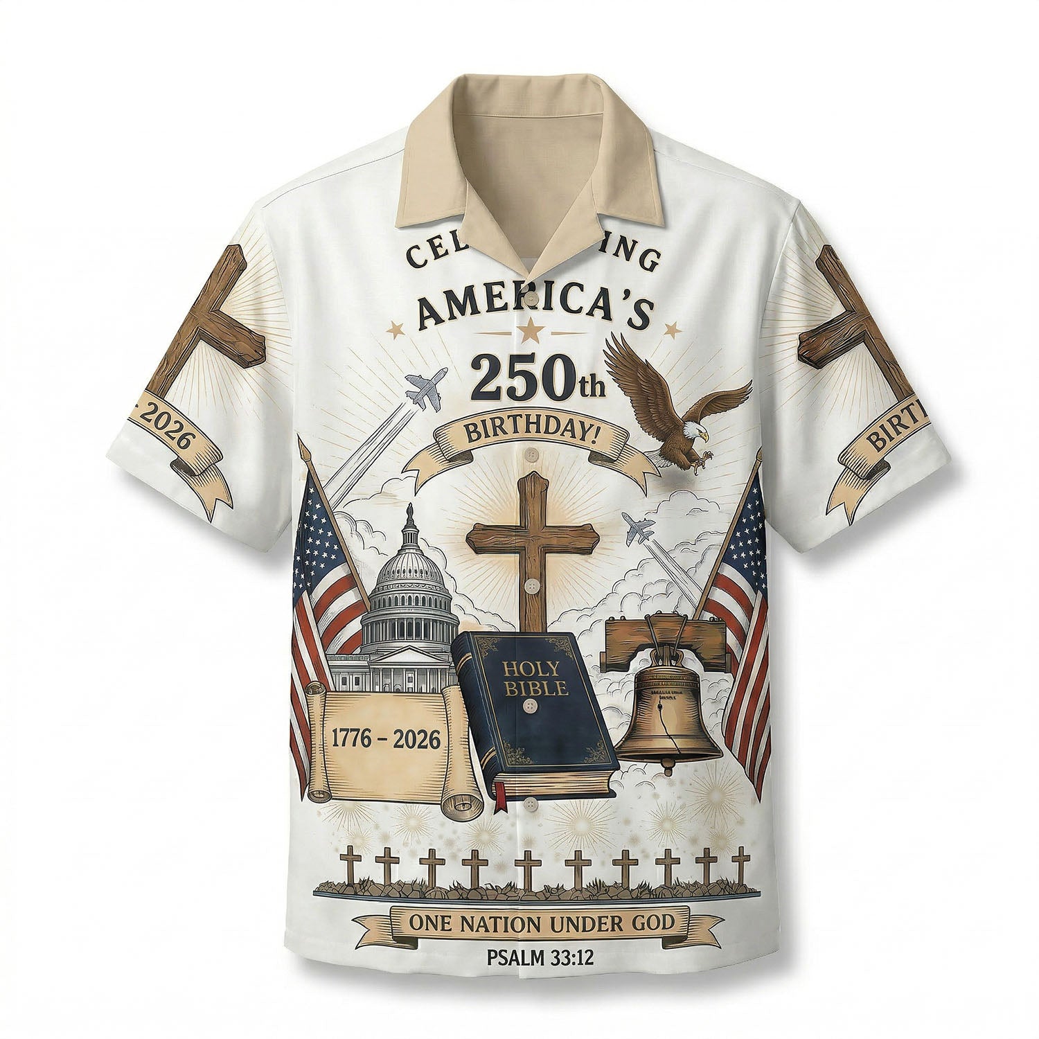 Main front view of a white Christian USA 250th anniversary hawaiian shirt with a clean background, ideal for patriotic apparel shopping.