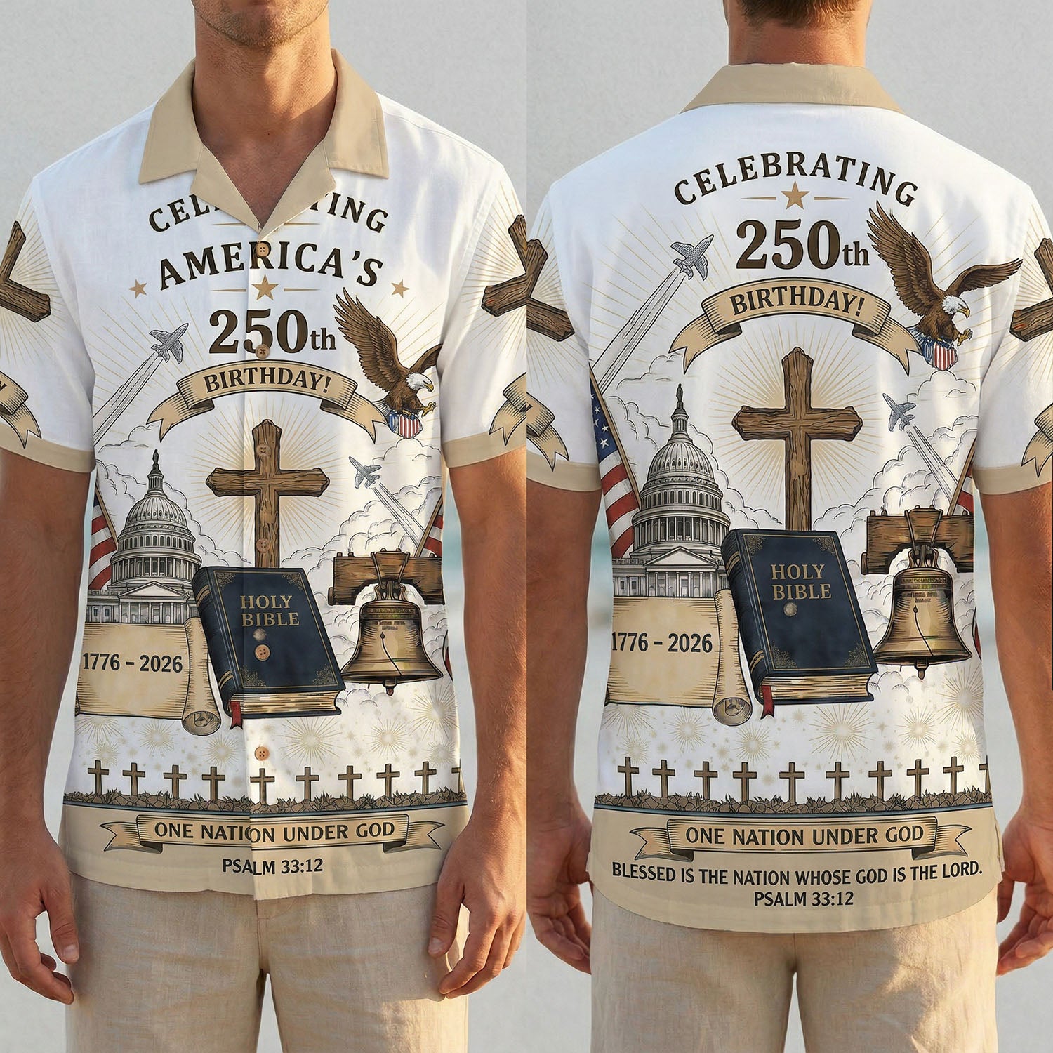 USA 250th Birthday 1776-2026 Patriotic Hawaiian Shirt - One Nation Under God Christian Holy Bible Cross Men's Heritage Button Down