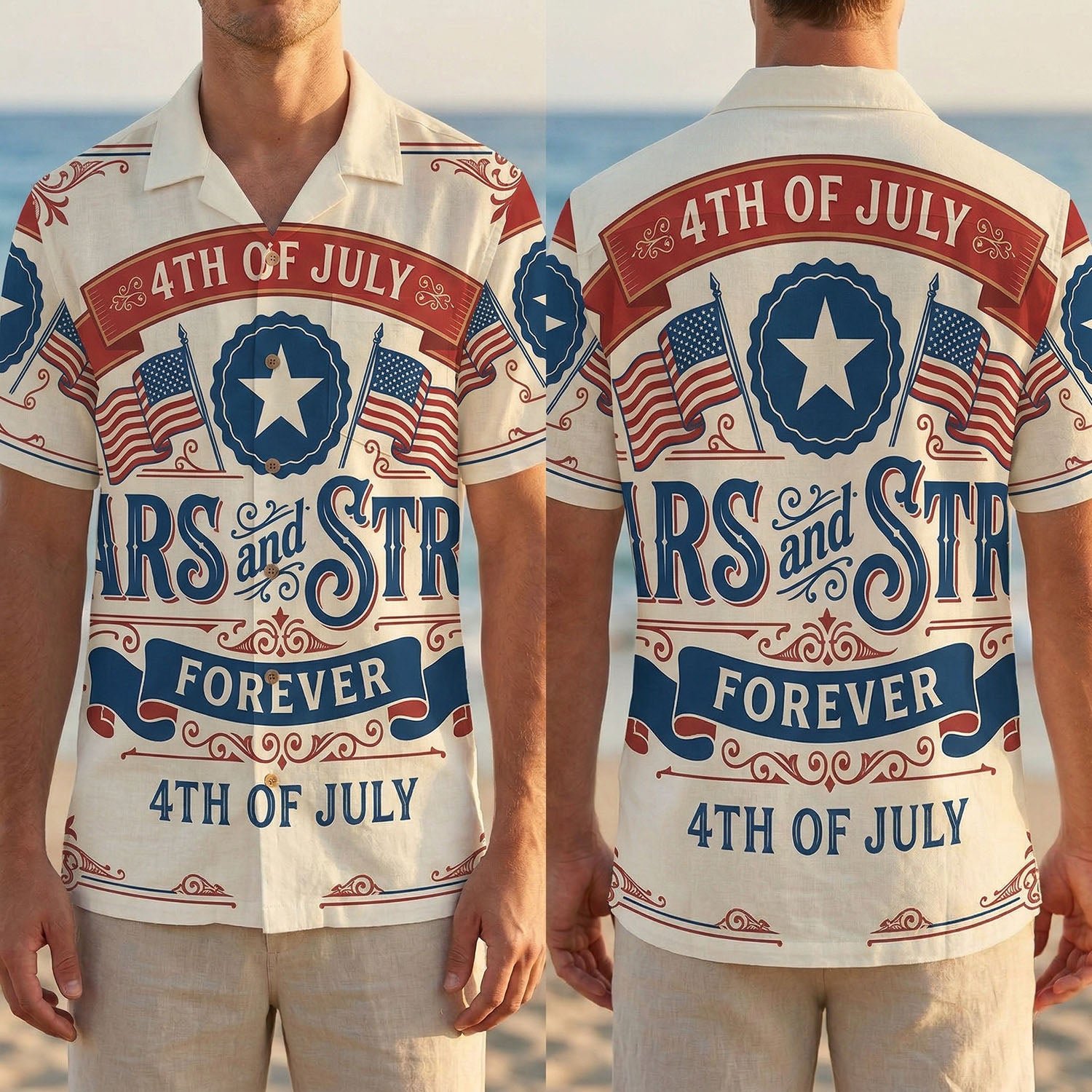 Full front and back display of the Stars and Stripes Forever patriotic Hawaiian shirt with American flags and 4th of July banners.
