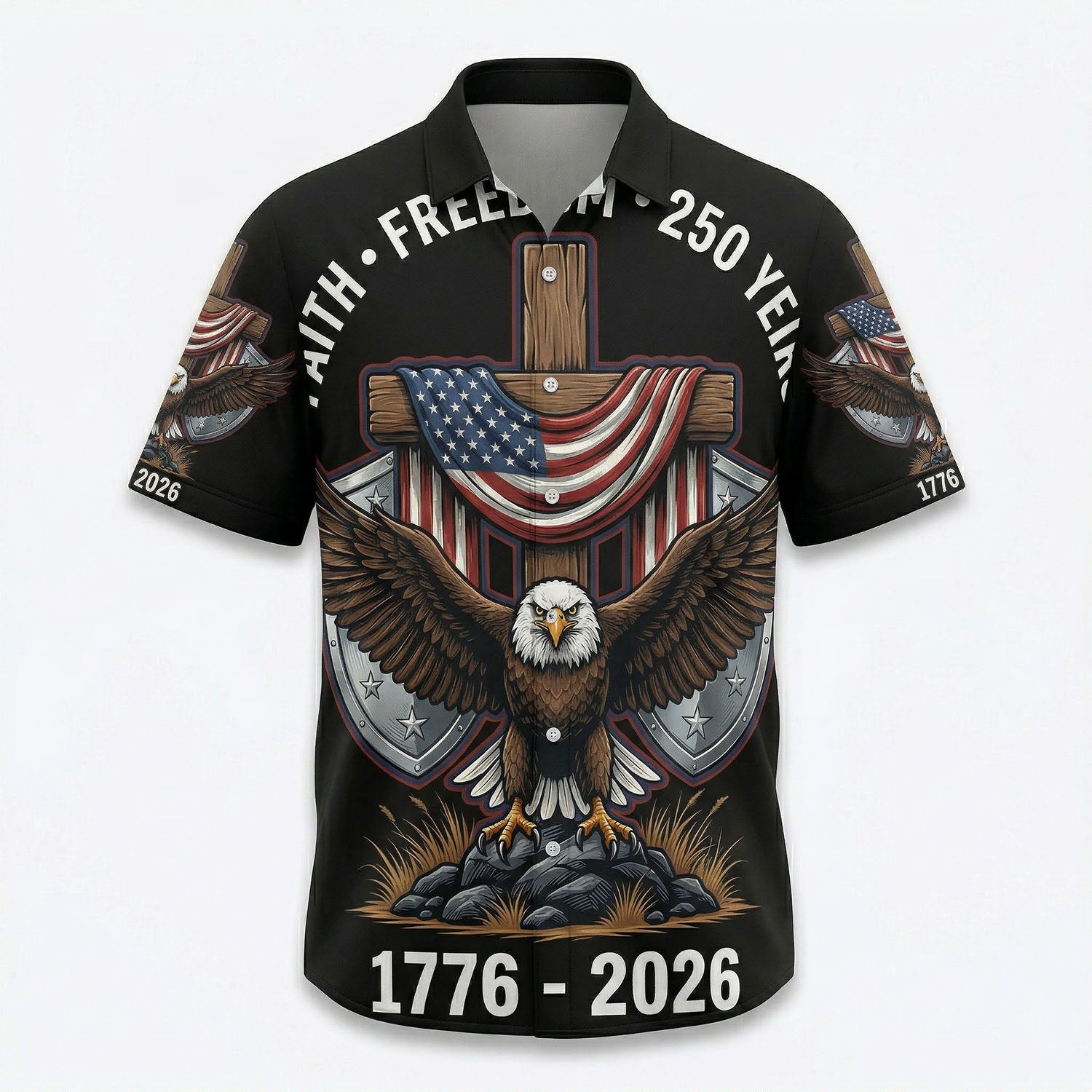 Main front view of a black patriotic Hawaiian Aloha shirt featuring a majestic Bald Eagle and American flag design by TKSGift.