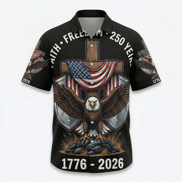 Main front view of a black patriotic Hawaiian Aloha shirt featuring a majestic Bald Eagle and American flag design by TKSGift.
