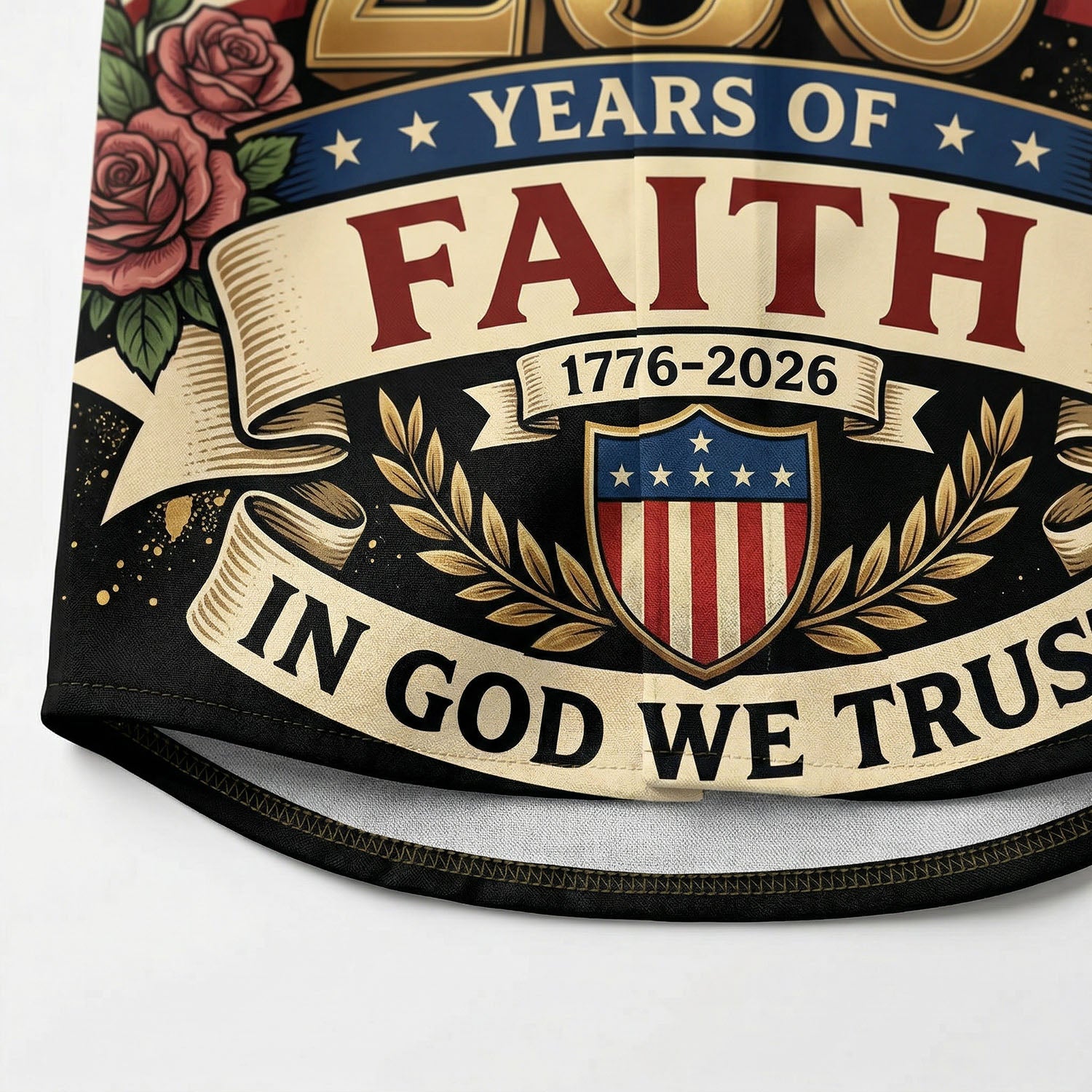 Macro close-up of the premium fabric and high-definition 3D print showing the Liberty Bell, wooden cross, and 250 years freedom crest.
