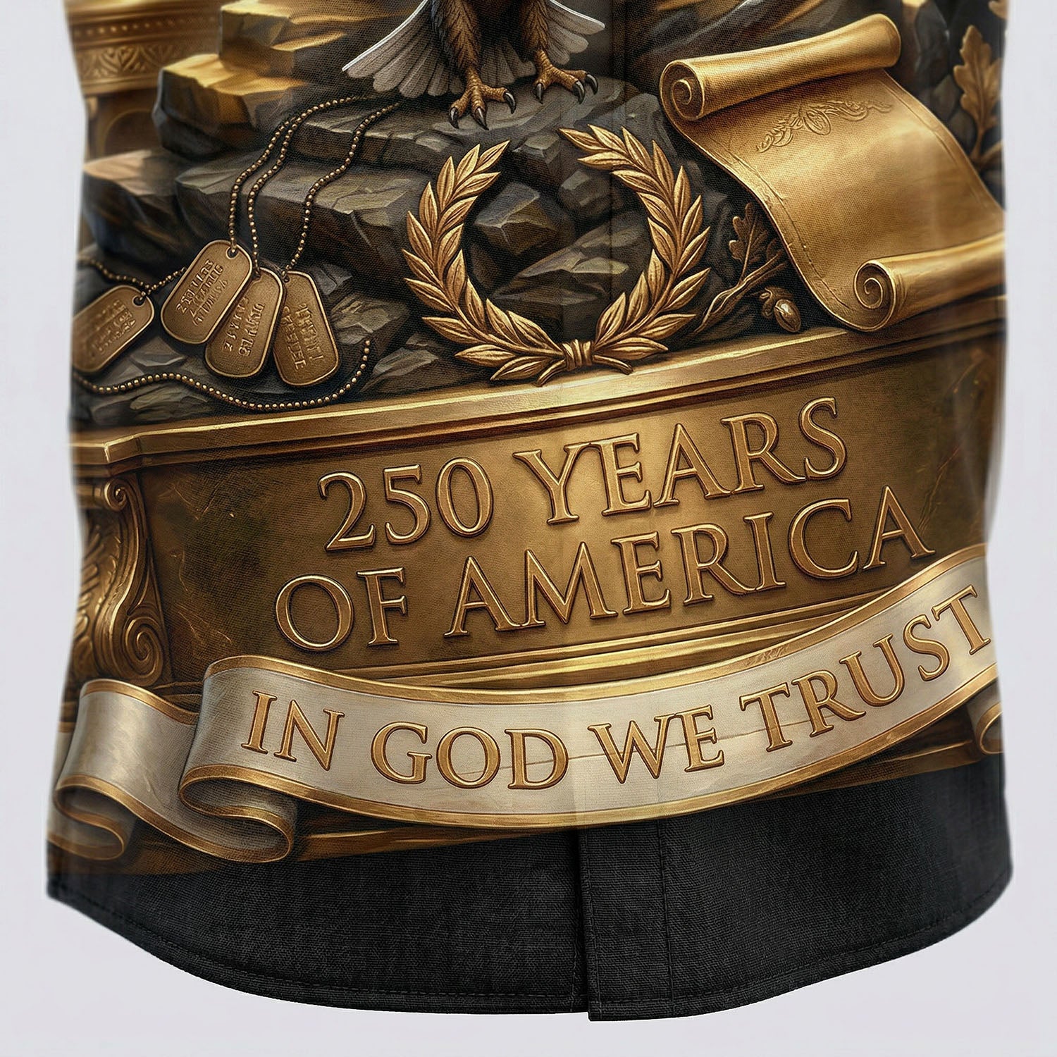 Macro close up of the premium fabric and high-definition 3D print showing the Liberty Bell, wooden cross, and 250 years freedom crest.