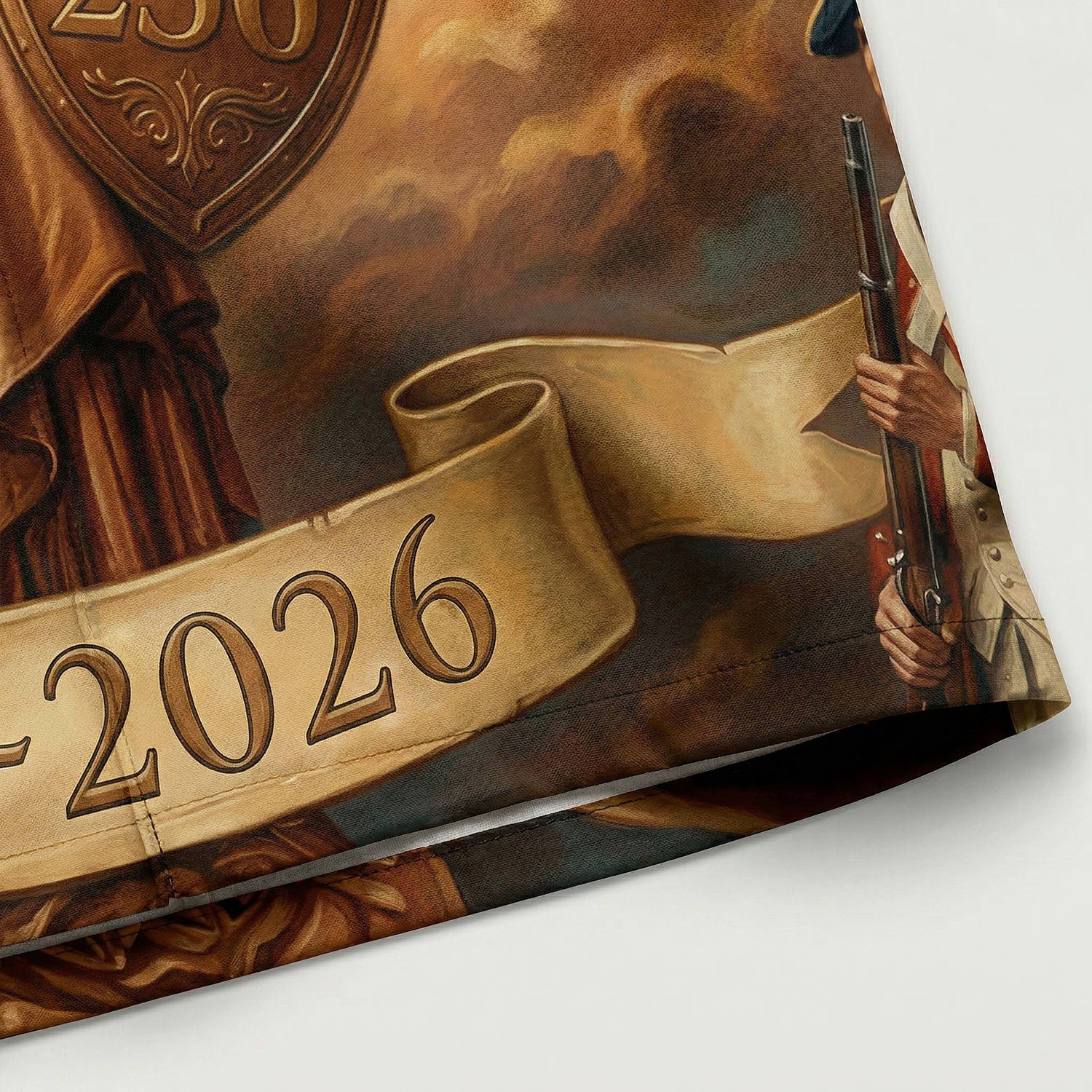 Macro close-up of the premium fabric and high-definition 3D print showing the Liberty Bell, wooden cross, and 250 years freedom crest.