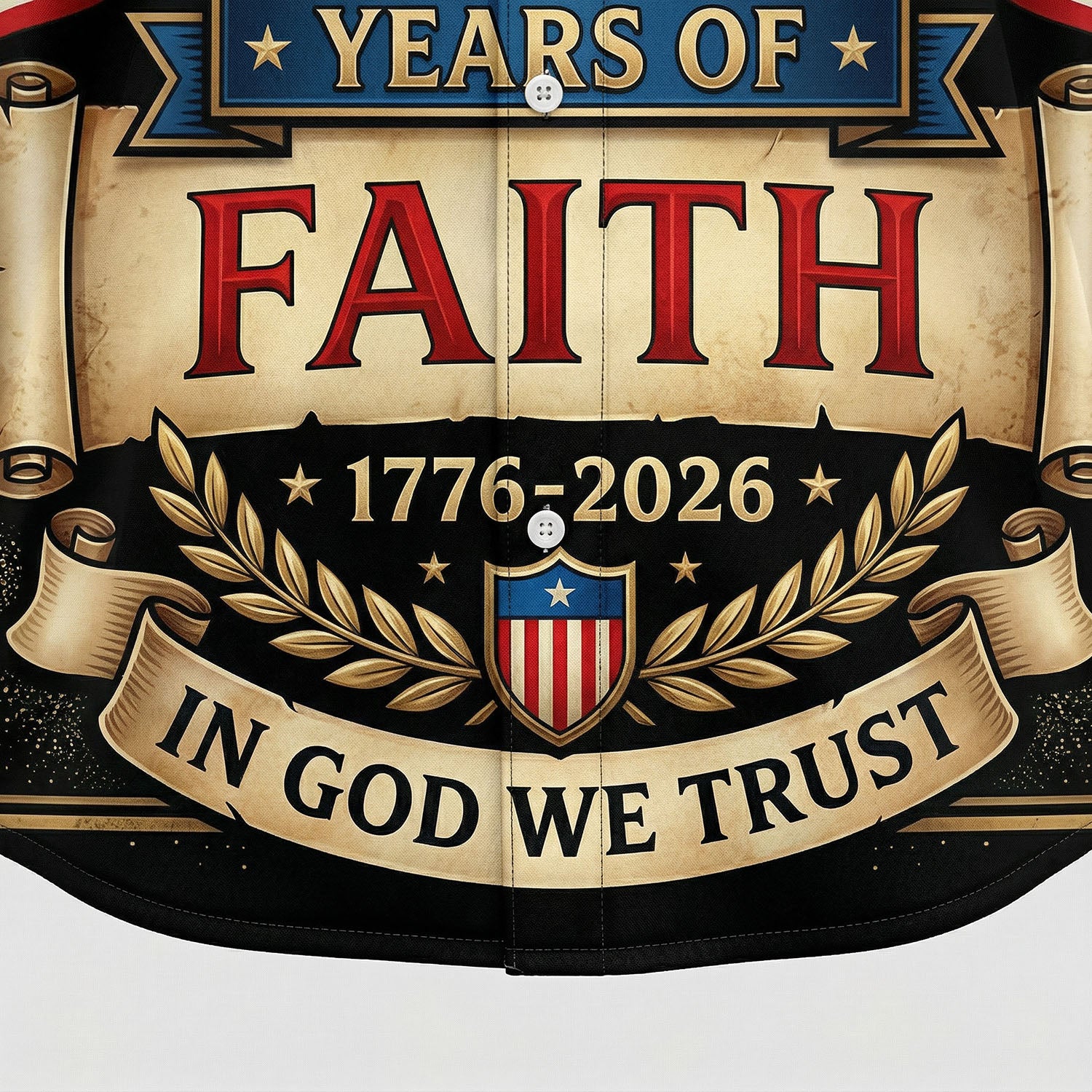Macro close-up of the premium fabric and high-definition 3D print showing the Liberty Bell, wooden cross, and 250 years freedom banner.
