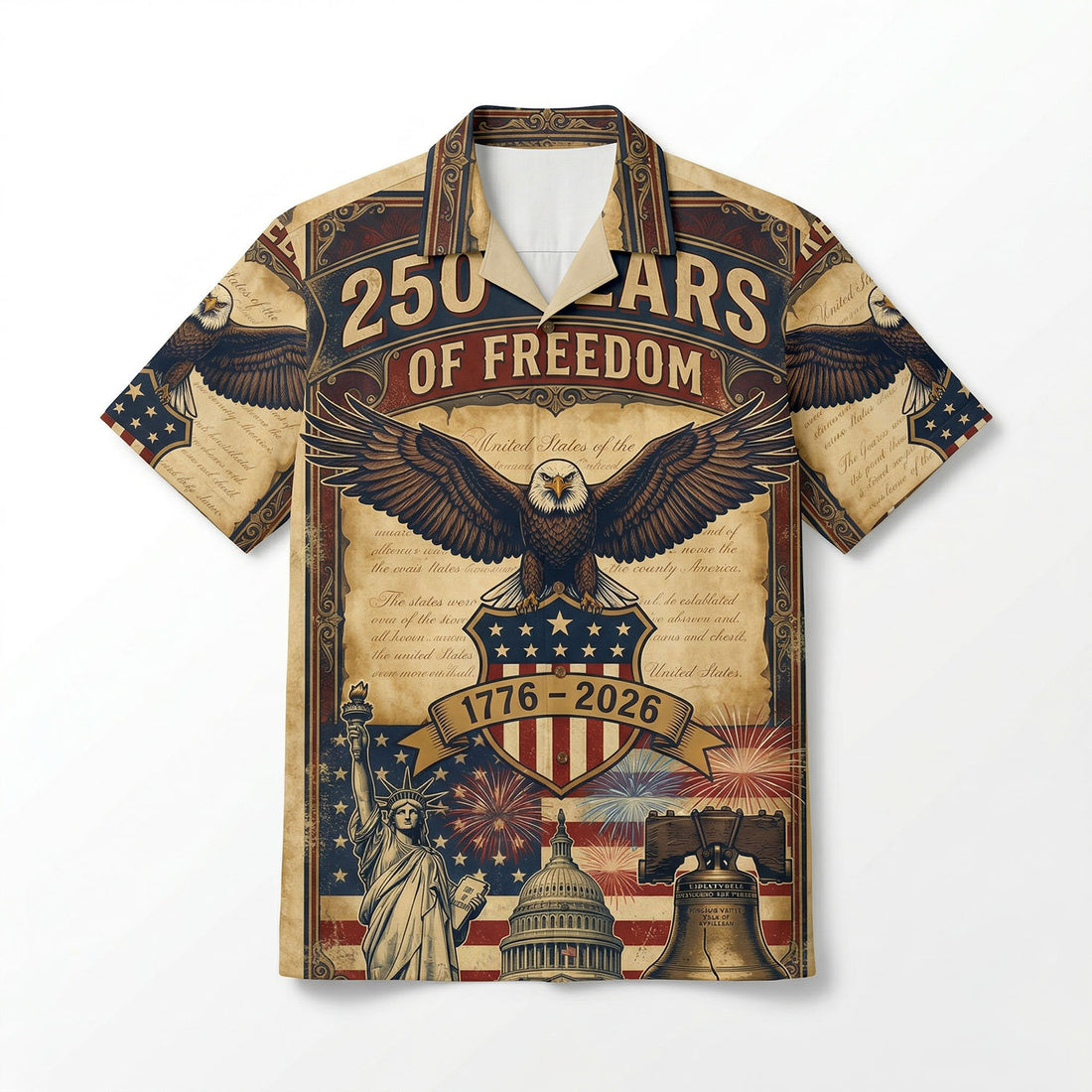 Front view of a white patriotic Hawaiian Aloha shirt featuring the 250th anniversary United States of America design with red collar accents