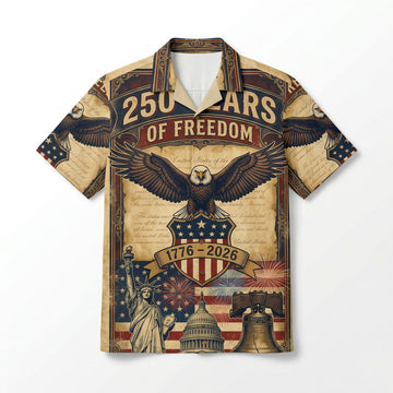 Front view of a white patriotic Hawaiian Aloha shirt featuring the 250th anniversary United States of America design with red collar accents