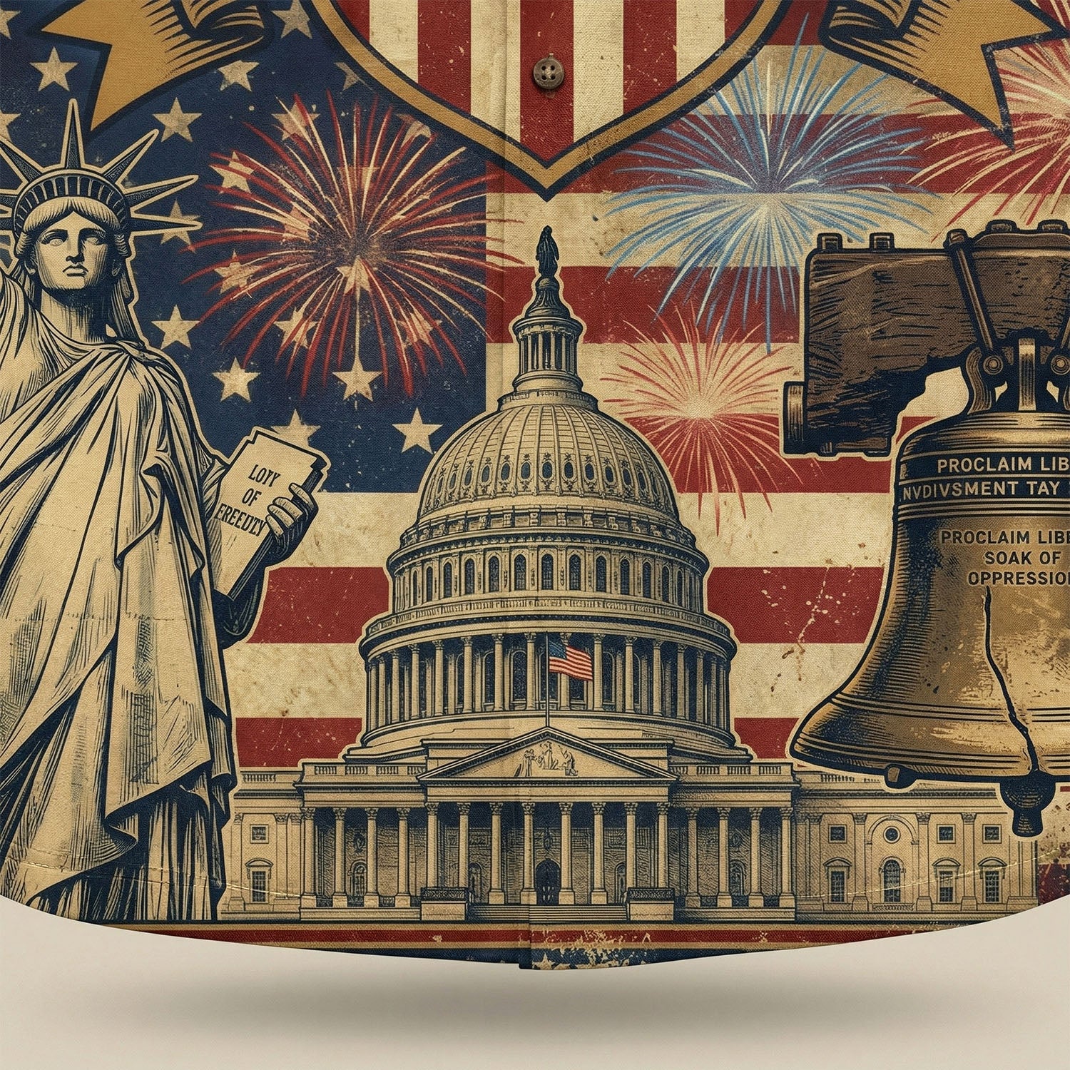 Macro close up of the high quality print showing the 1776 2026 anniversary scroll and United States of America banner on the patriotic Aloha shirt