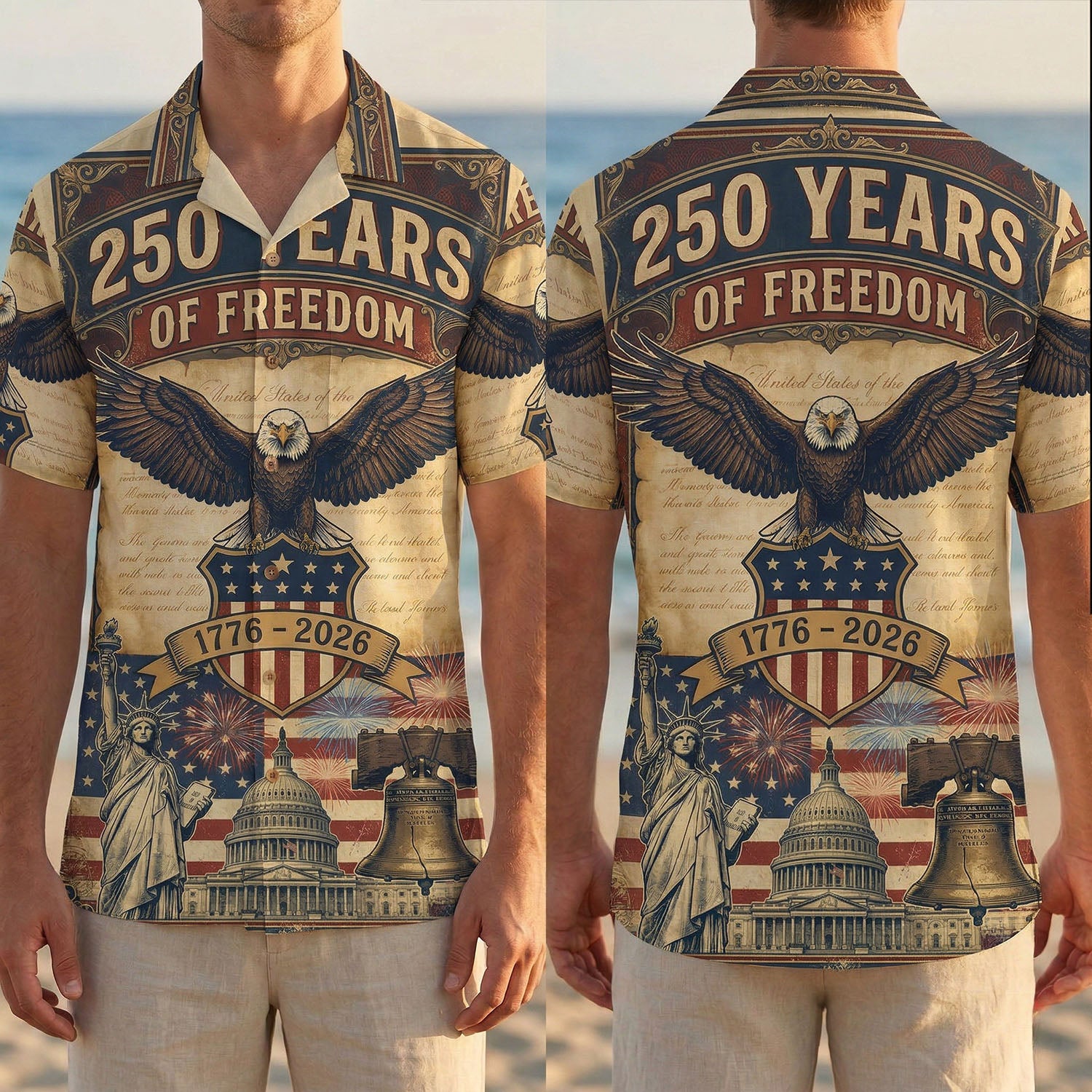 Split view display showing the full front and back design of the white USA 250th anniversary shirt on a male model at the beach