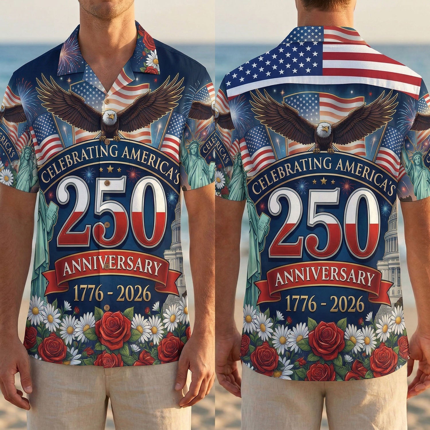 Full front and back display of the 250 years anniversary shirt featuring fireworks, American flags, and vibrant floral bottom print.