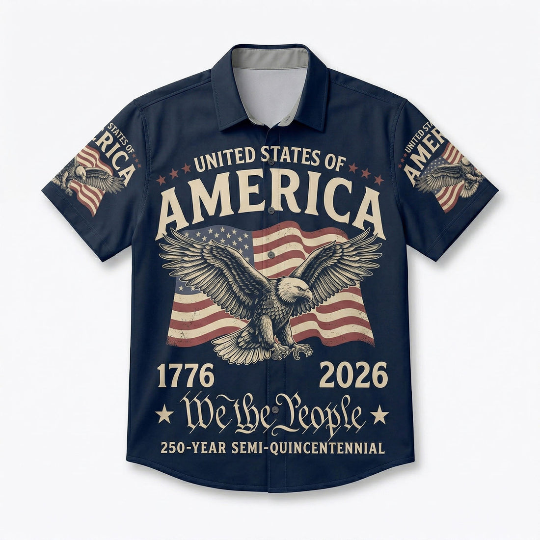 Front view of a premium navy blue patriotic Hawaiian shirt featuring a bald eagle American flag and We The People text for the US 250th anniversary