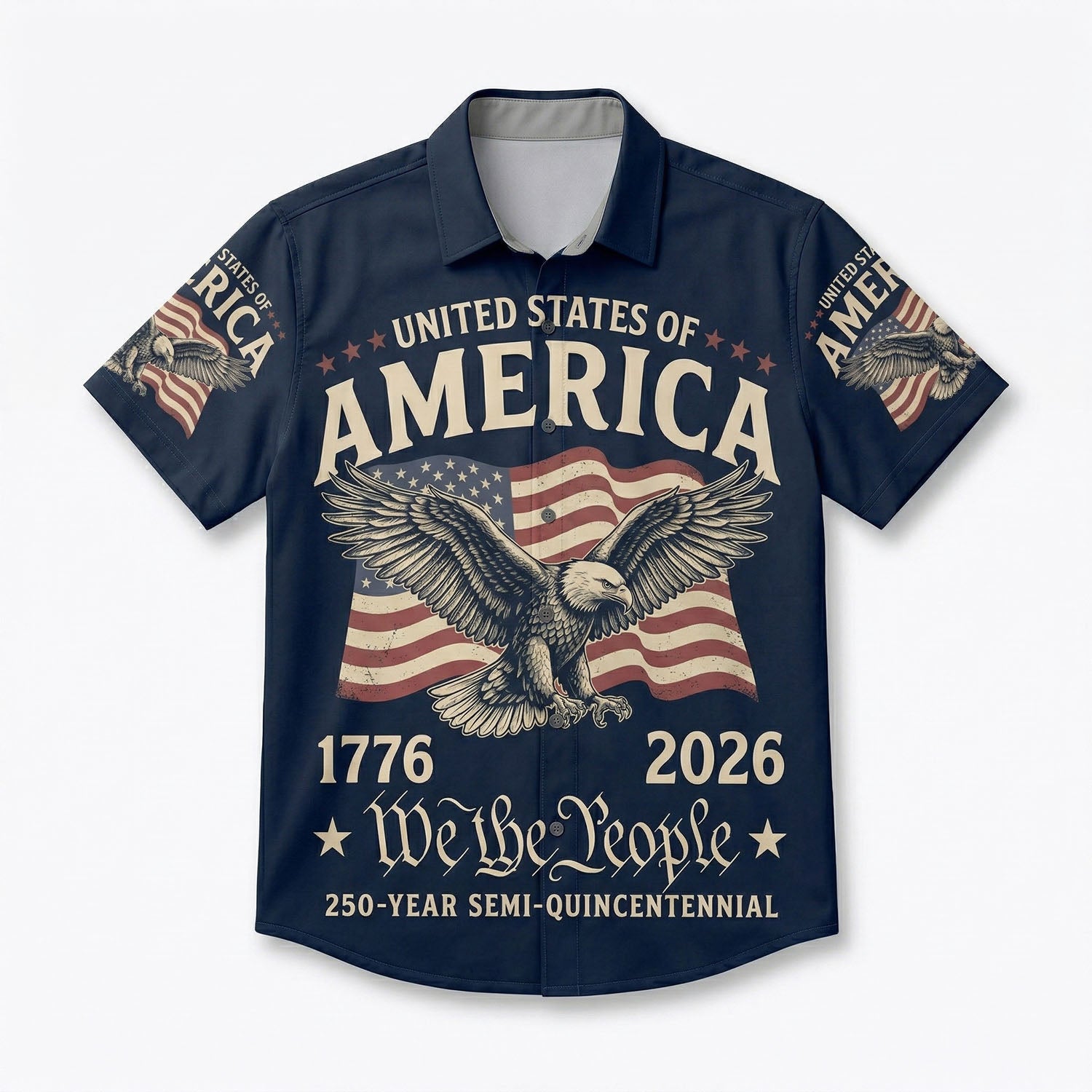 Front view of a premium navy blue patriotic Hawaiian shirt featuring a bald eagle American flag and We The People text for the US 250th anniversary