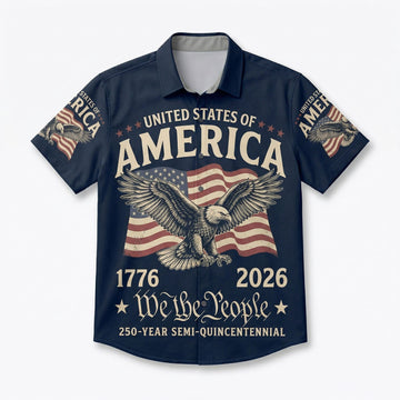 Front view of a premium navy blue patriotic Hawaiian shirt featuring a bald eagle American flag and We The People text for the US 250th anniversary
