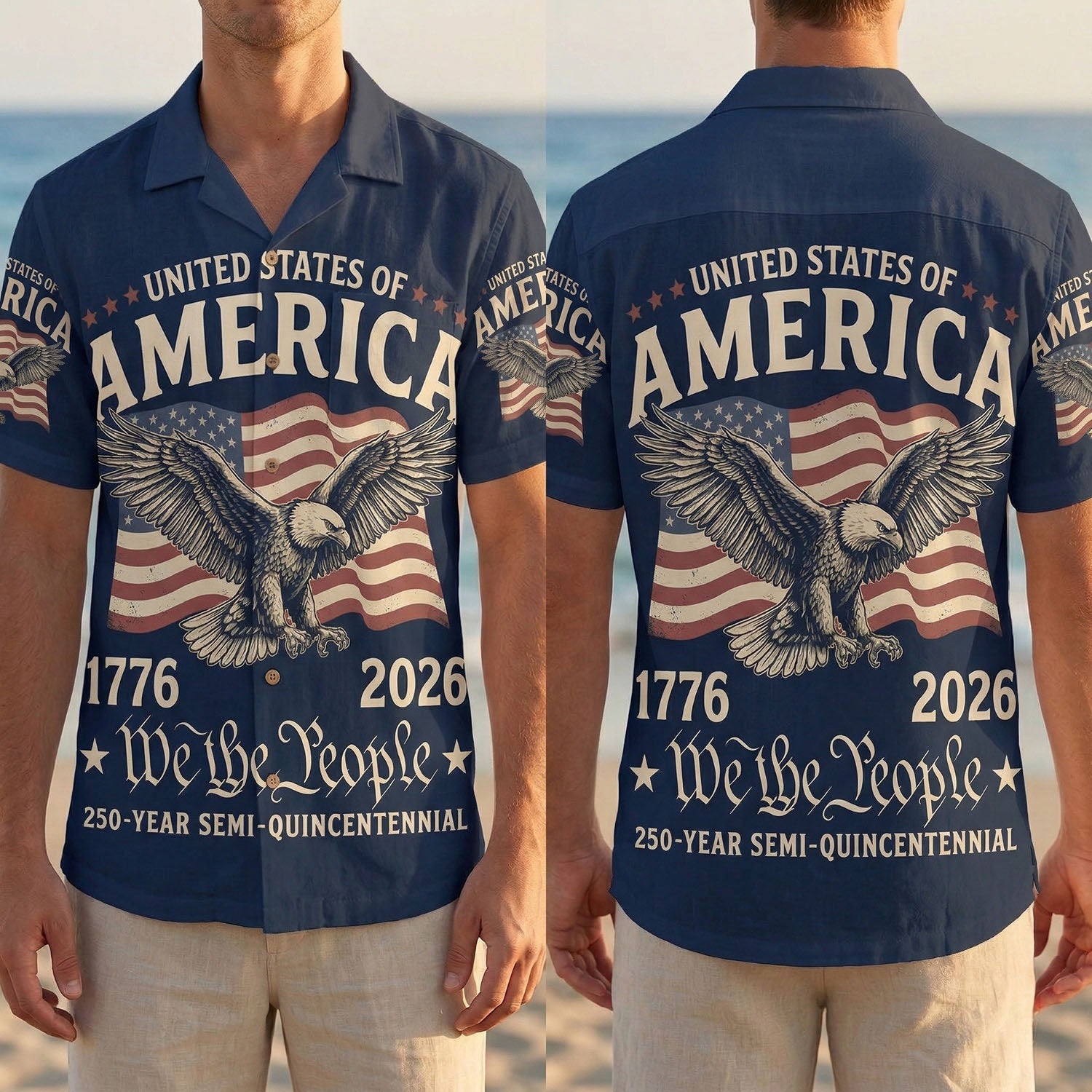 Split view display showing the full front and back design of the We The People eagle shirt on a male model at the beach
