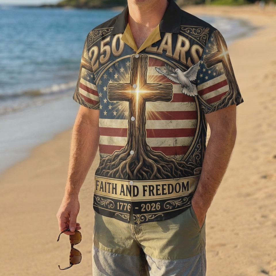 Lifestyle video review of the Faith and Freedom 1776-2026 Hawaiian shirt, demonstrating the fabric flow and vibrant 3D print in natural light.