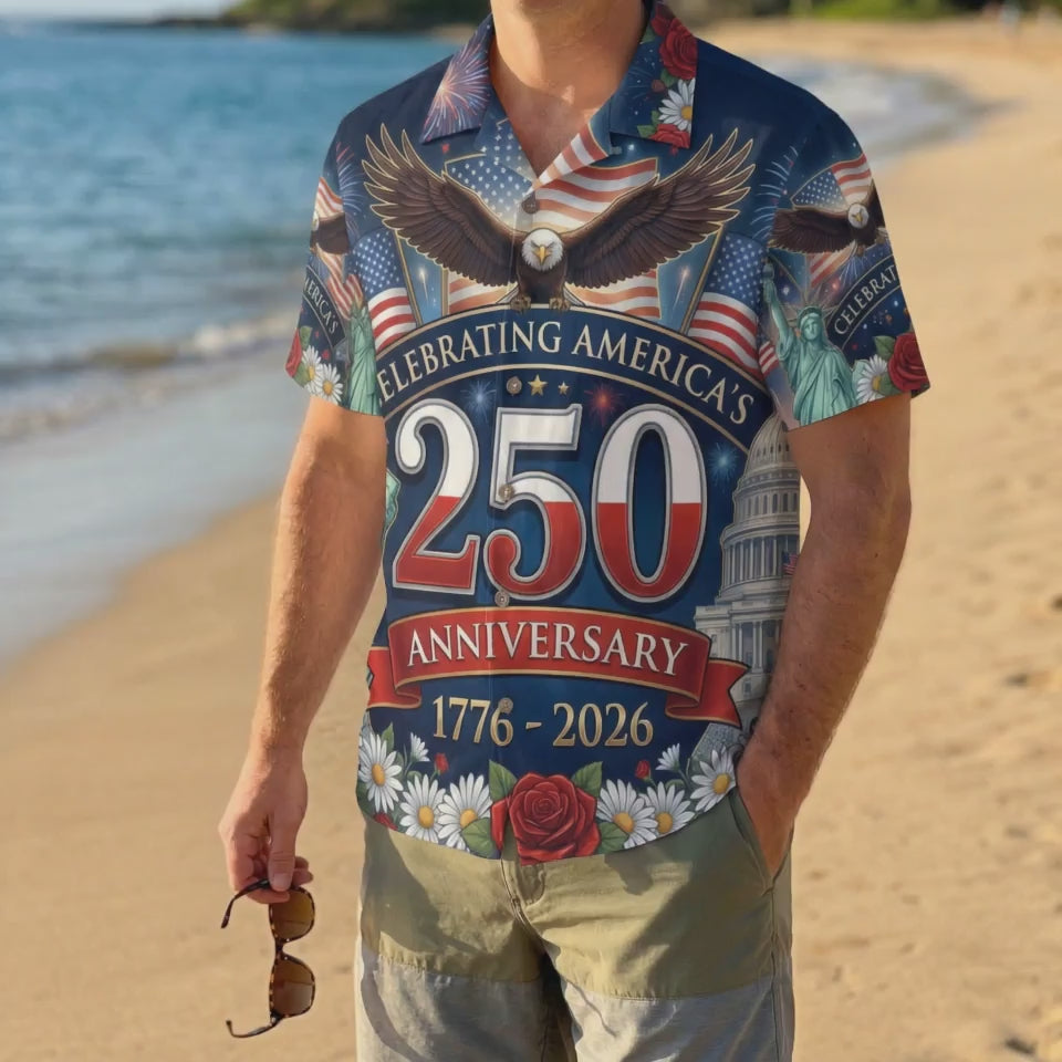 A man wearing the vibrant 250th anniversary celebratory shirt on a beach, highlighting a festive and proud American summer look.