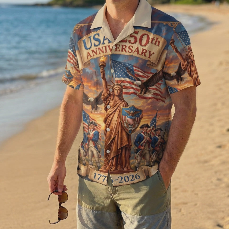 A man wearing the USA 250th anniversary Jesus shirt, perfect for church events or national holiday celebrations.