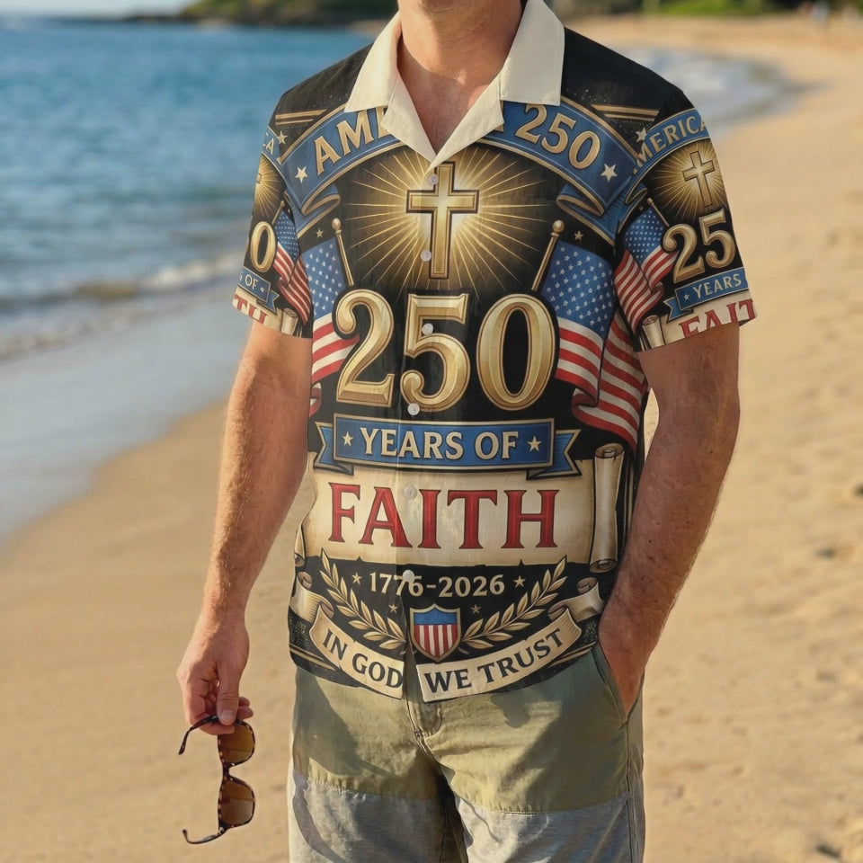 A male model wearing the vintage One Nation Under God Aloha shirt on a sunny beach, showcasing a meaningful and patriotic summer look.
