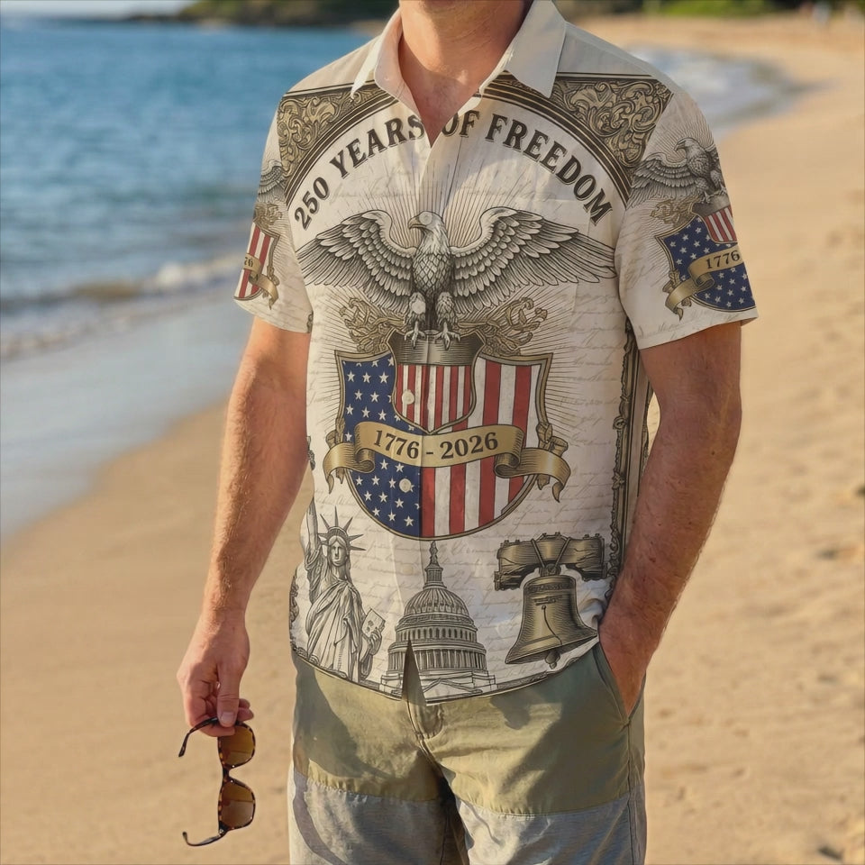 250 Years of Freedom 1776 2026 Patriotic Hawaiian Shirt Vintage Liberty Bell Eagle Men's American Heritage Button Down Shirt