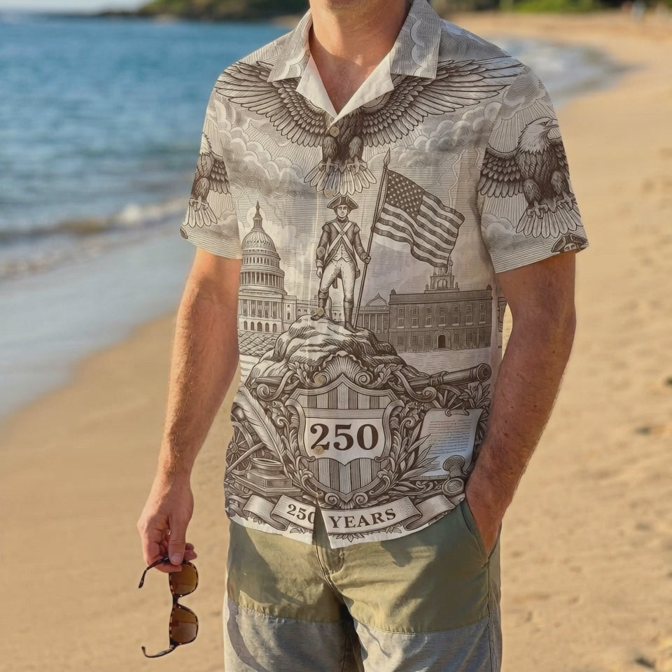 A male model wearing the navy blue "We The People" Aloha shirt, showcasing a sophisticated and meaningful American heritage style.